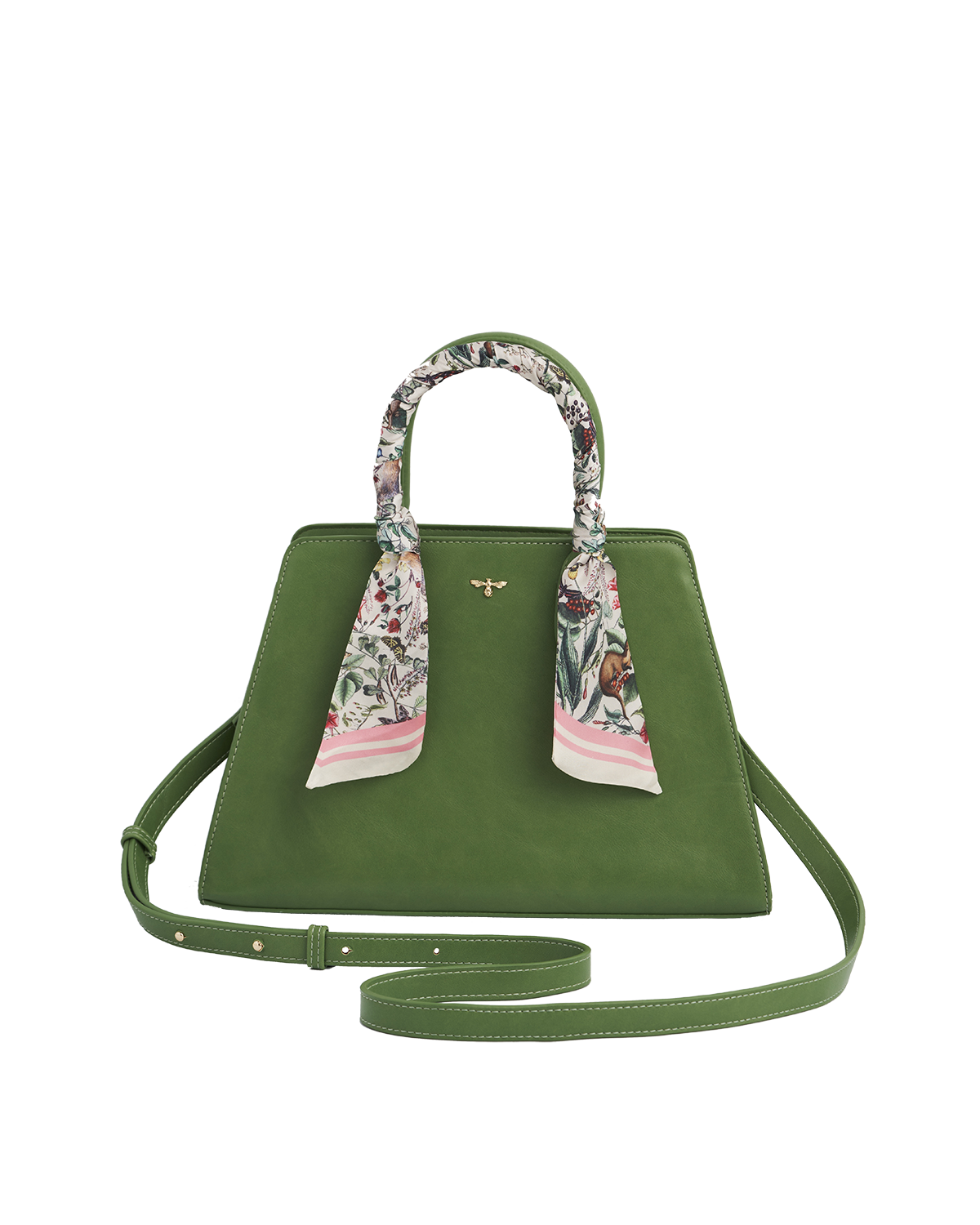 Green handbag with scarf wrapped around handle with cross body strap.