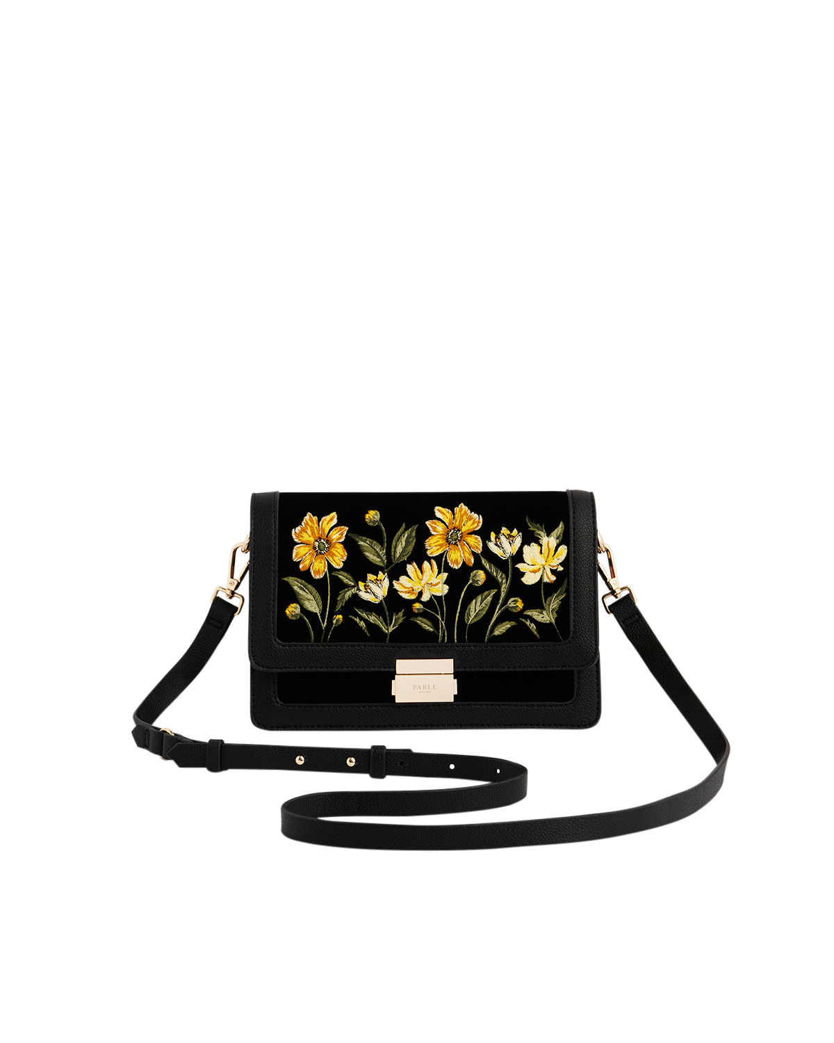 Black handbag with floral embroidery on a white background