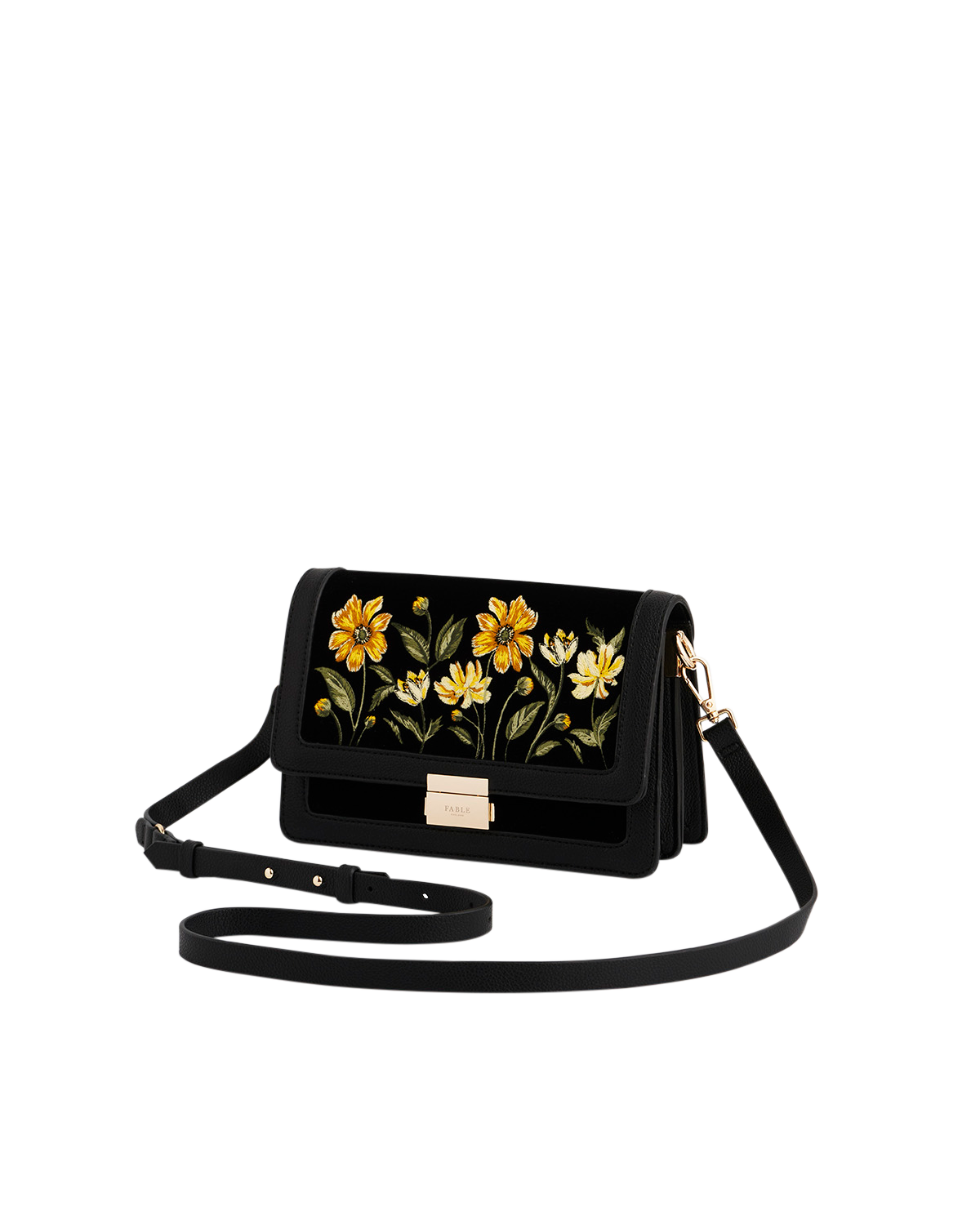 Black handbag with floral embroidery on a white background