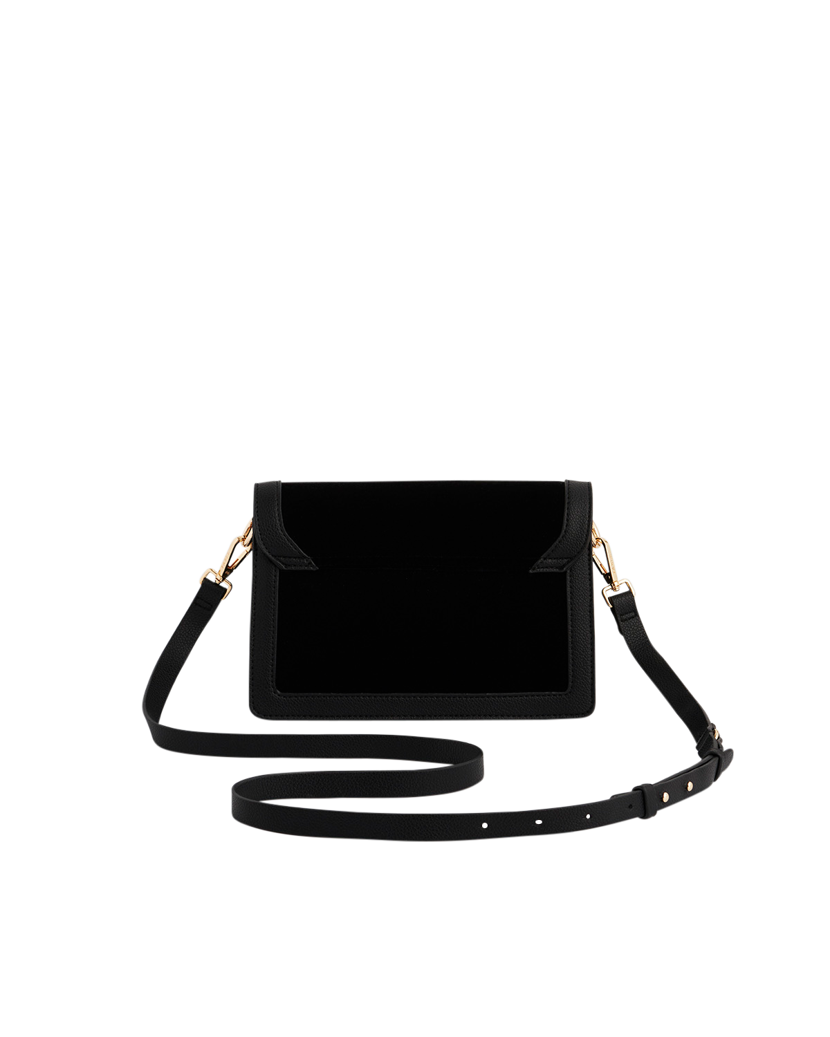 Black handbag with a strap on a white background