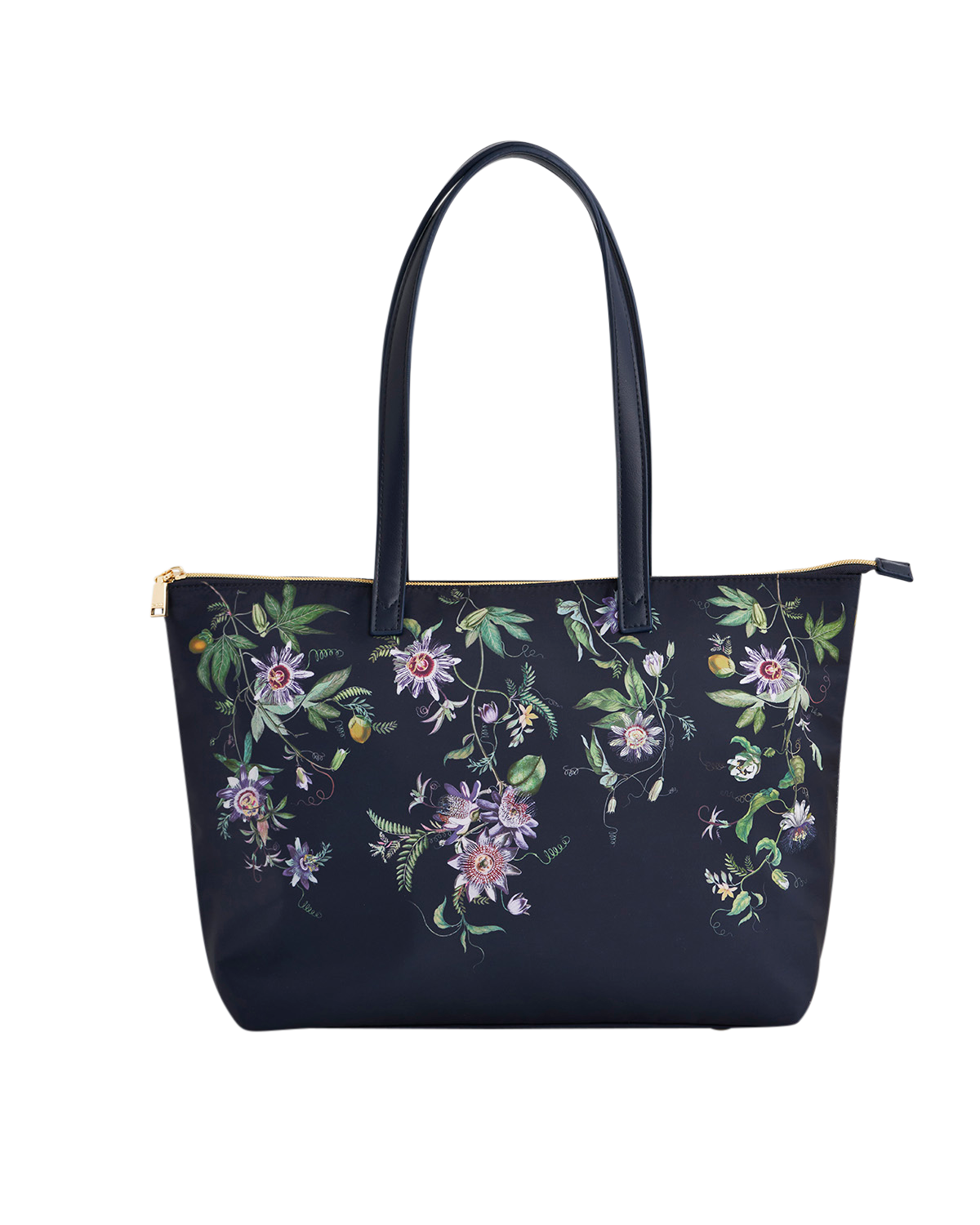 Navy grab handbag with floral design on a white background