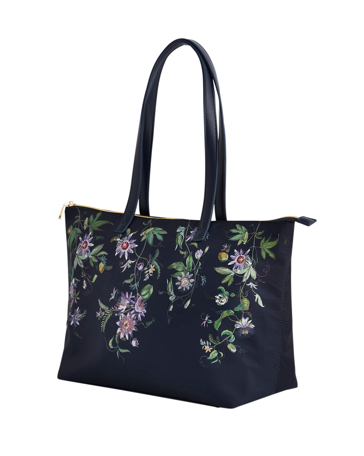 Navy tote bag with floral embroidery on a white background