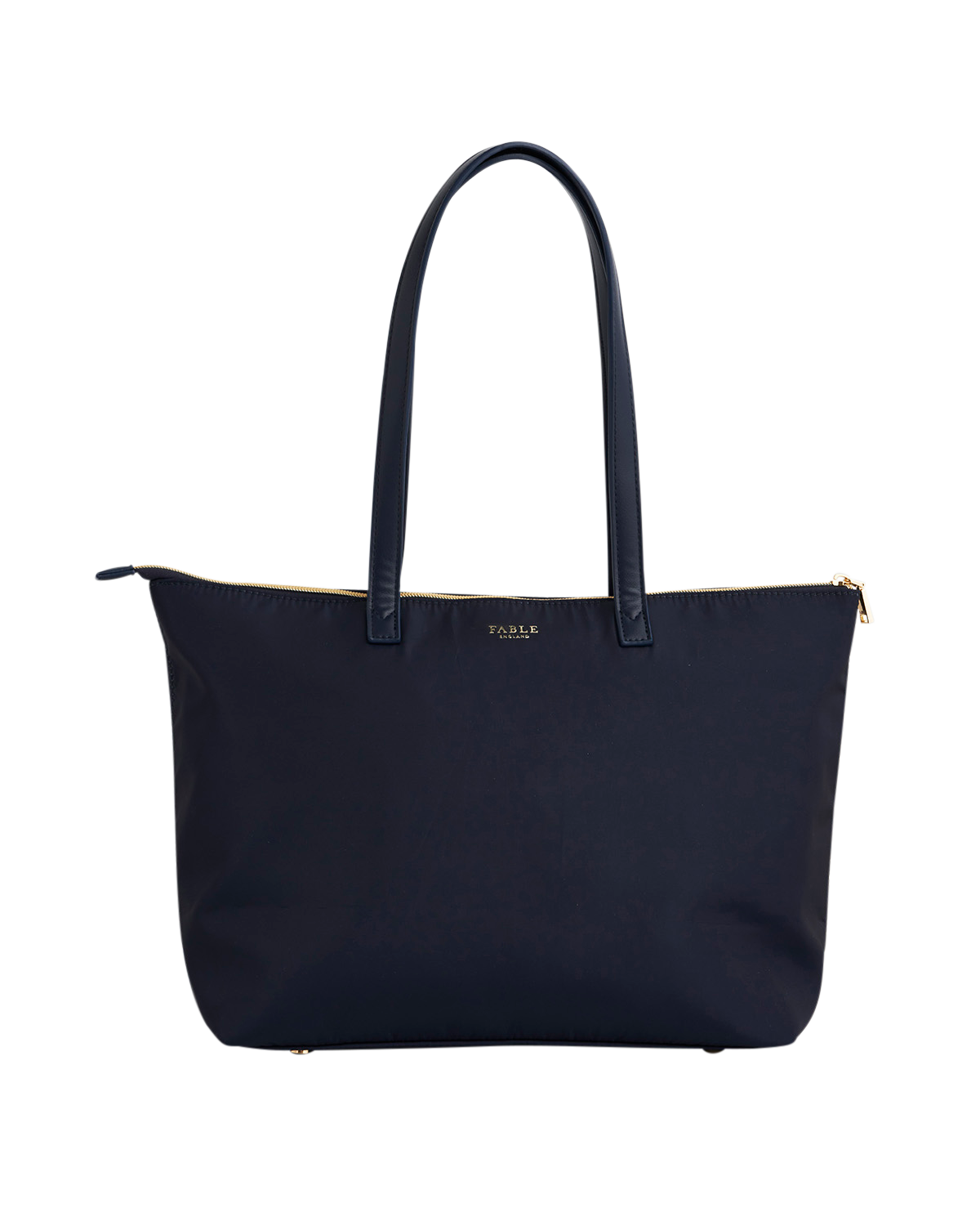 Navy blue tote bag with a visible brand logo on a white background