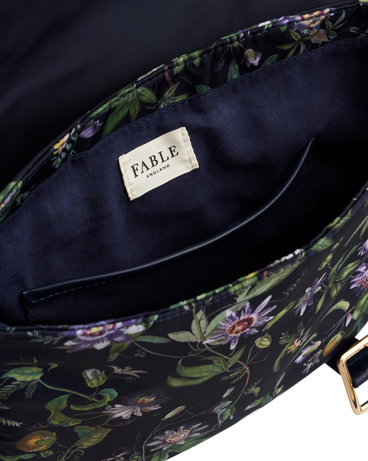 inside floral print satchel with fable label