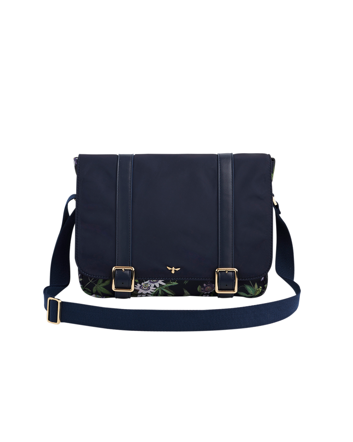 Navy blue messenger bag with floral pattern on a white background