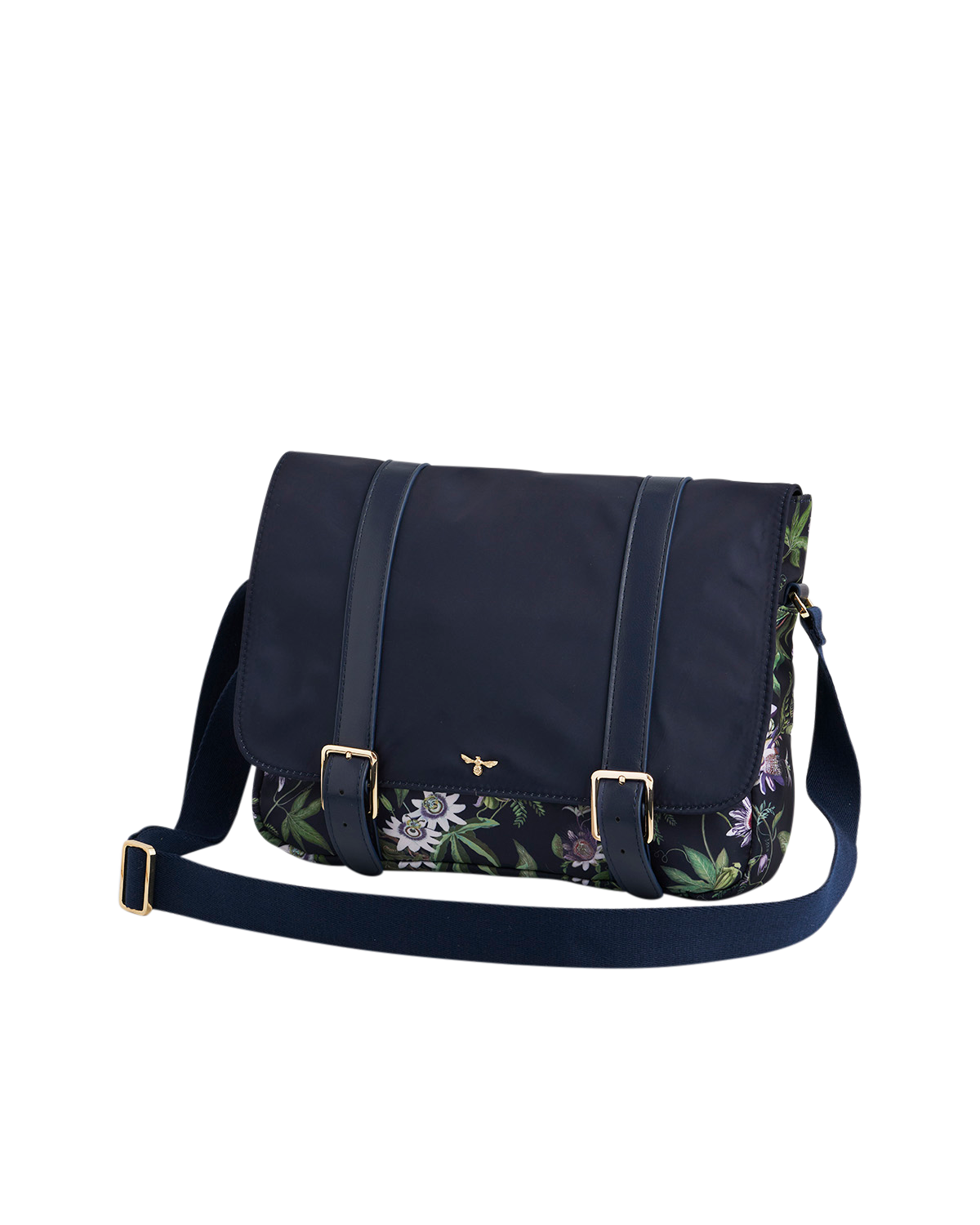 Navy bag with floral pattern and buckle straps and crossbody strap