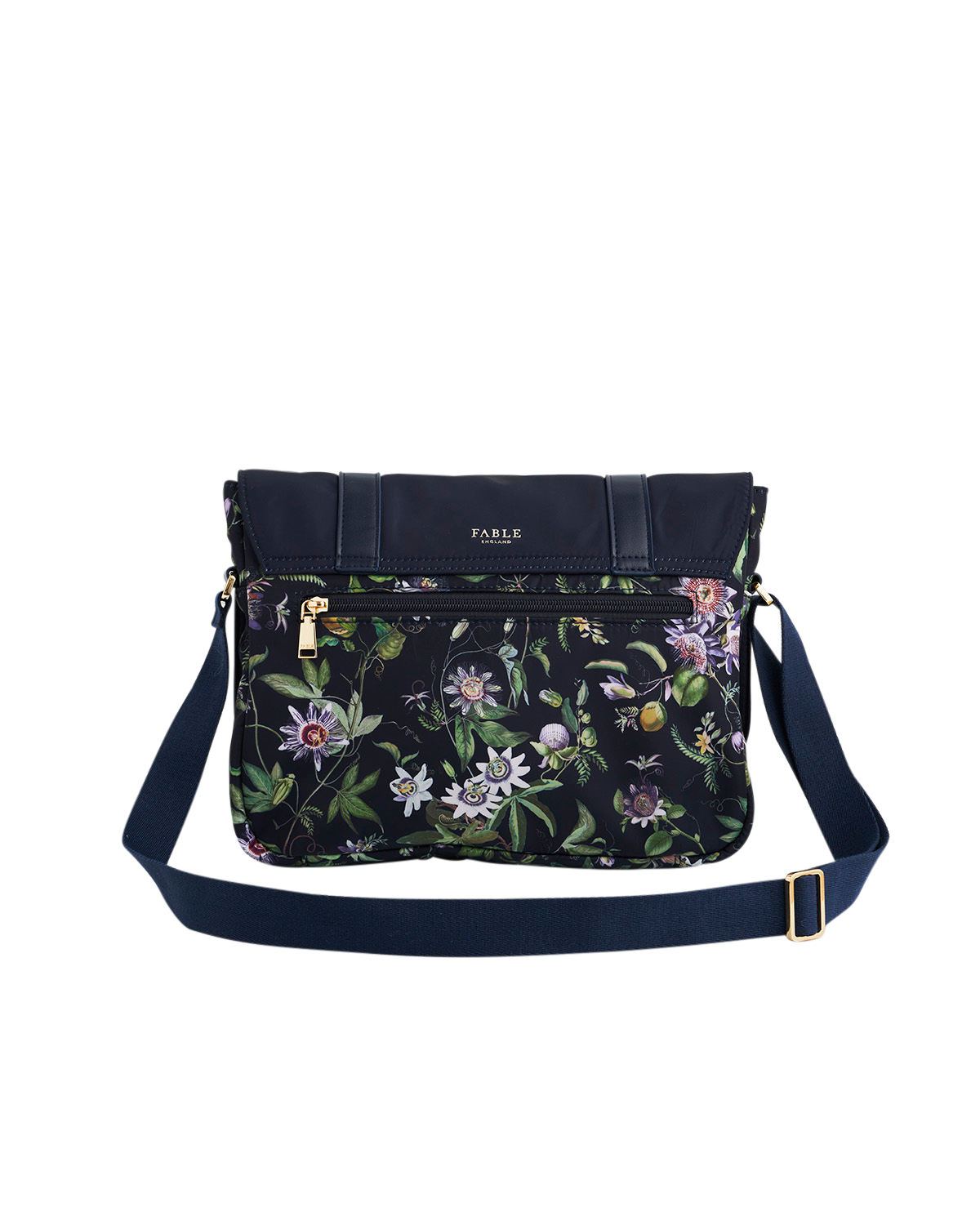 Floral-patterned handbag with a cross body strap on a white background
