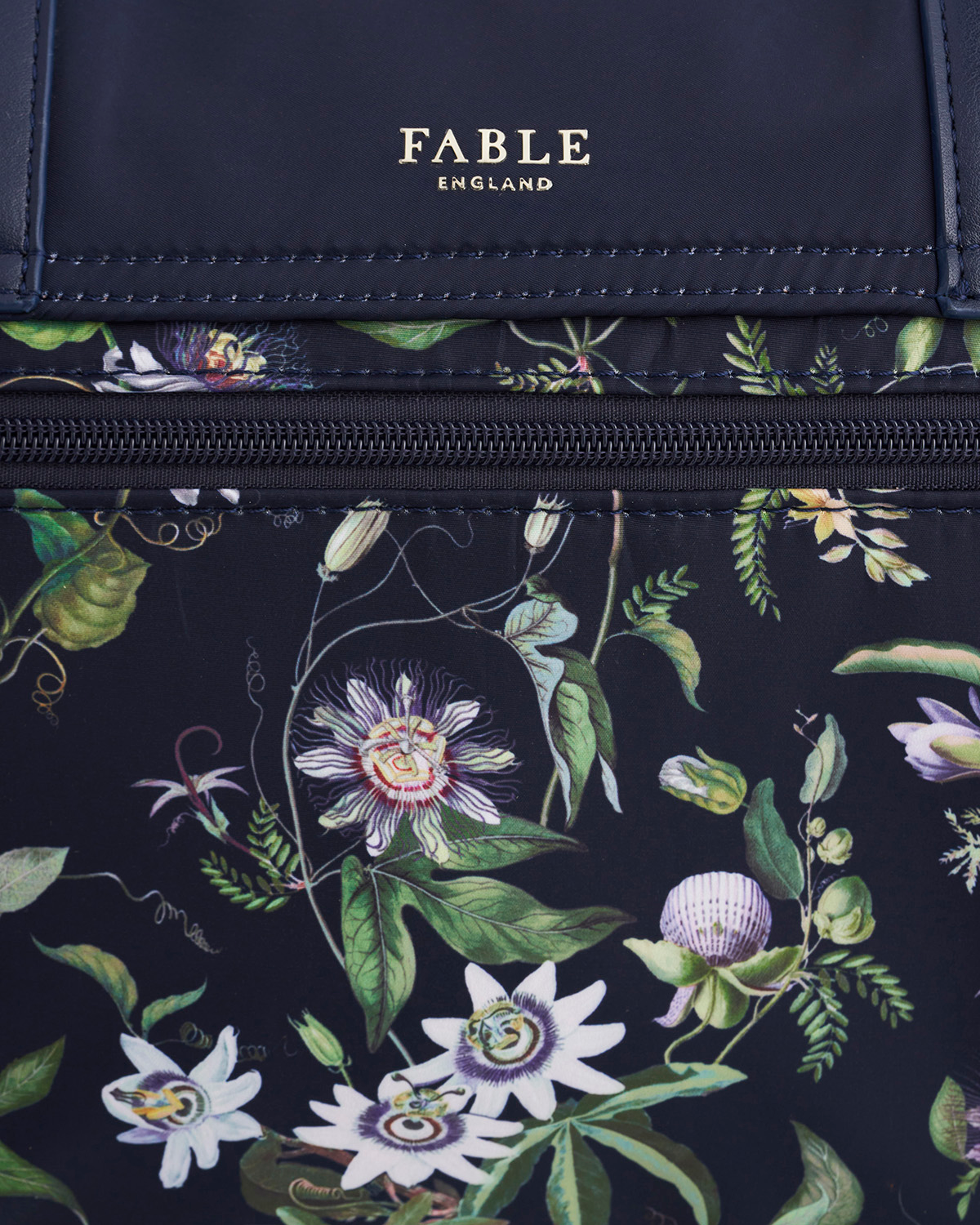 Passionflower print navy bag