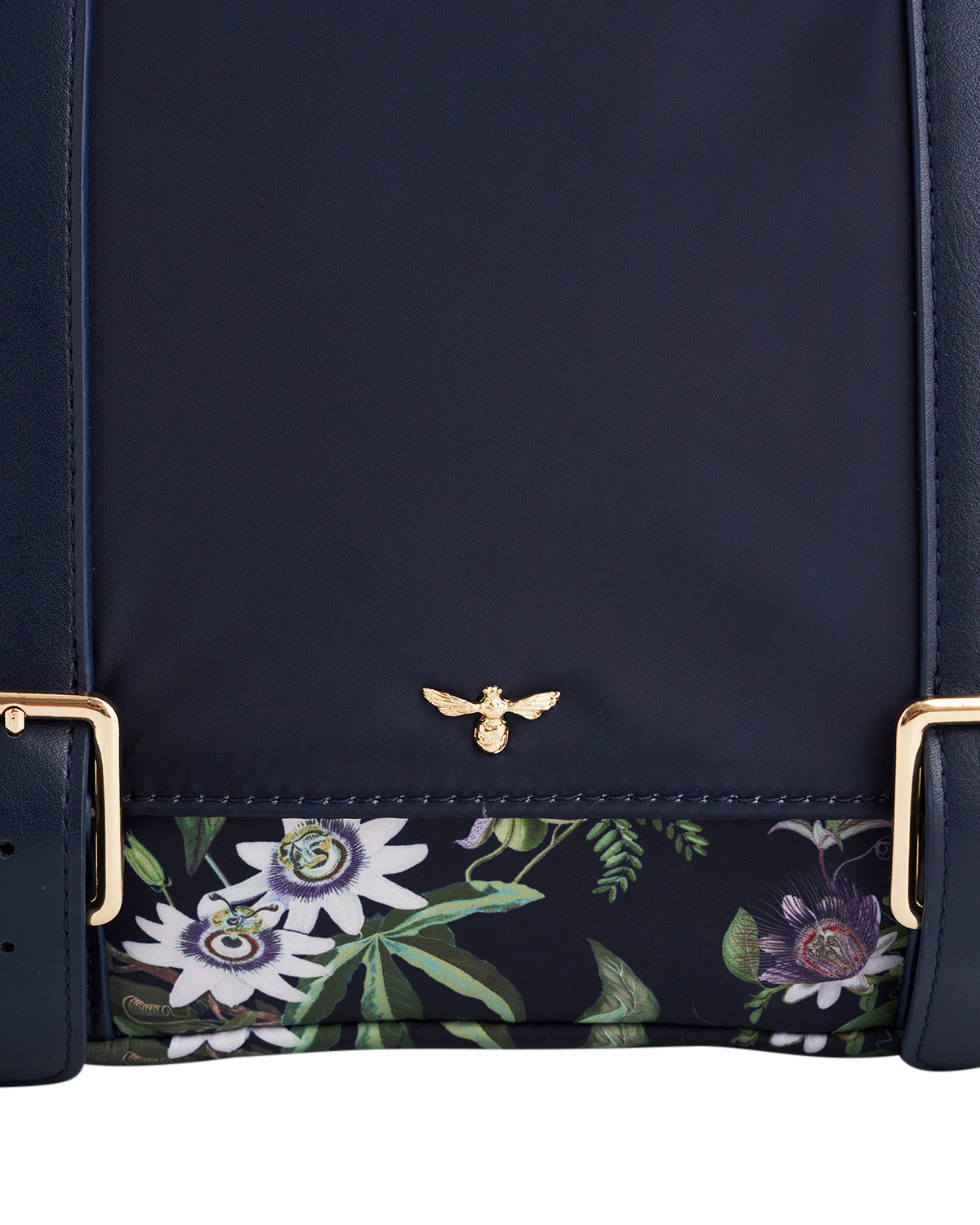 navy satchel with gold bee motif
