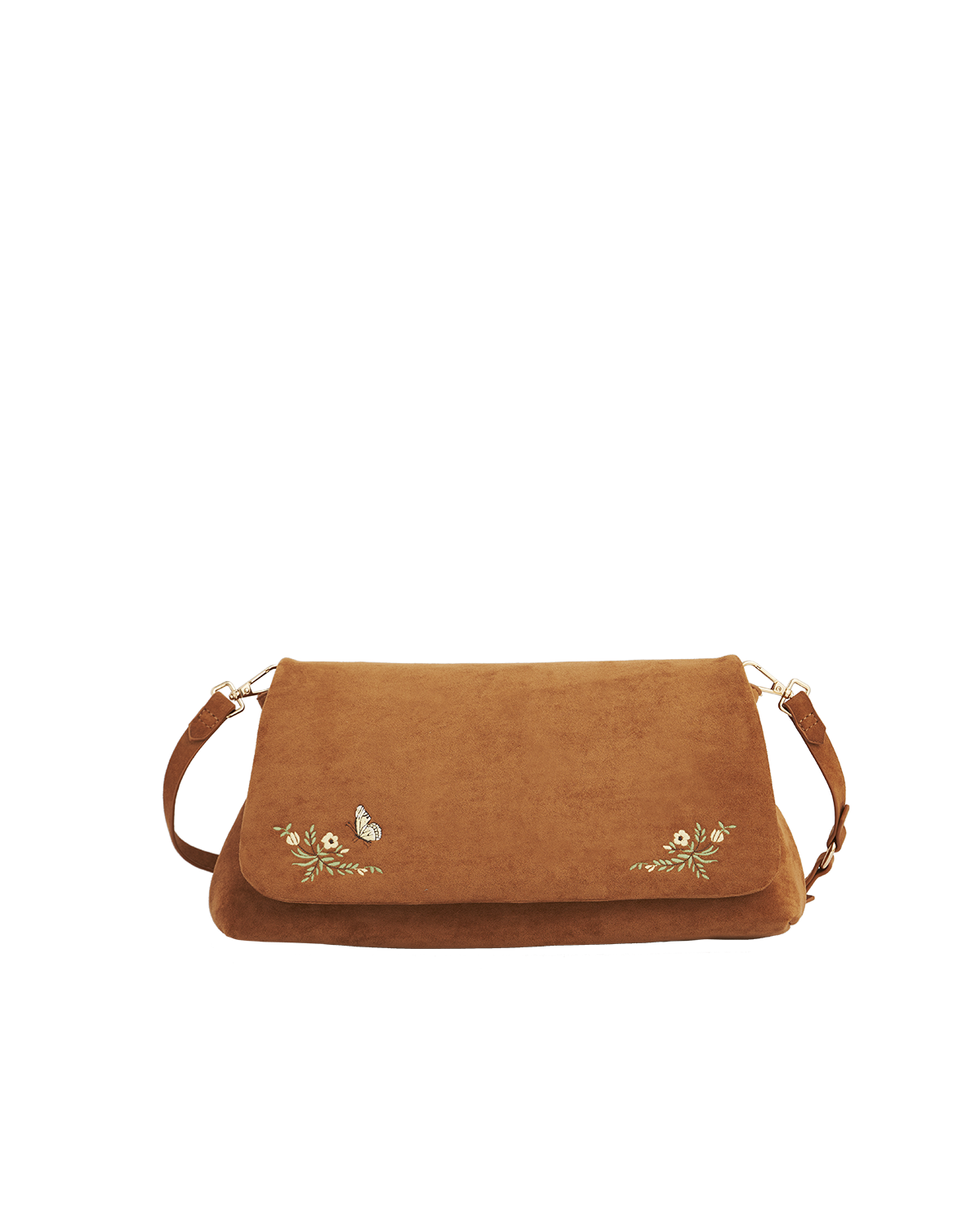 Brown handbag with floral embroidery on a white background