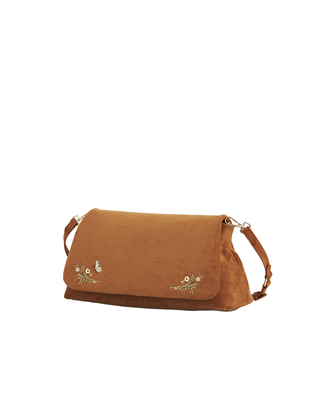 Brown shoulder bag with floral embroidery on a white background