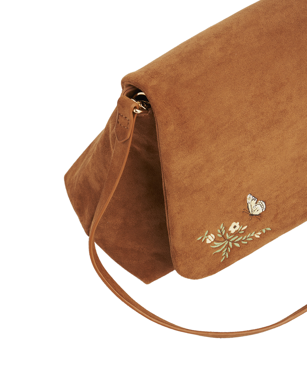 Brown suede handbag with floral embroidery and butterfly detail on a white background