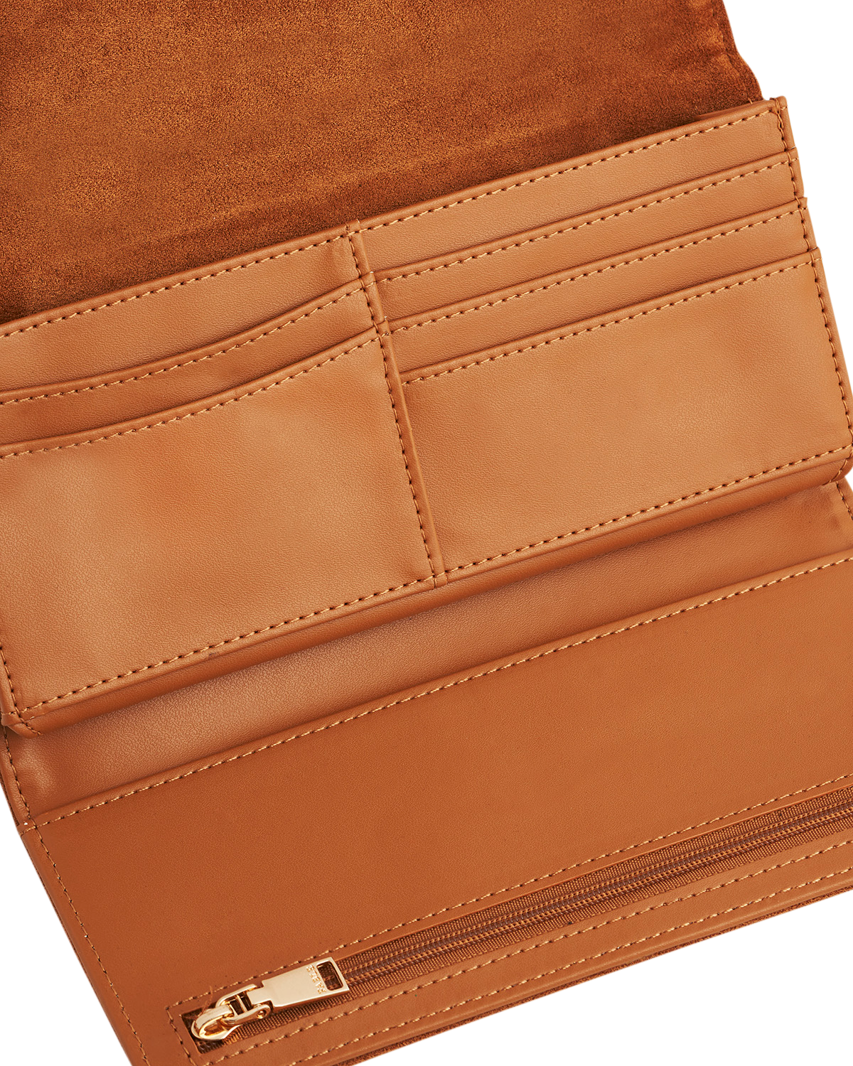 Brown leather wallet with gold zipper on a white background