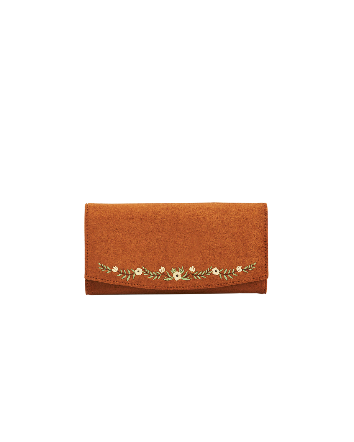 Brown wallet with floral embroidery on a white background