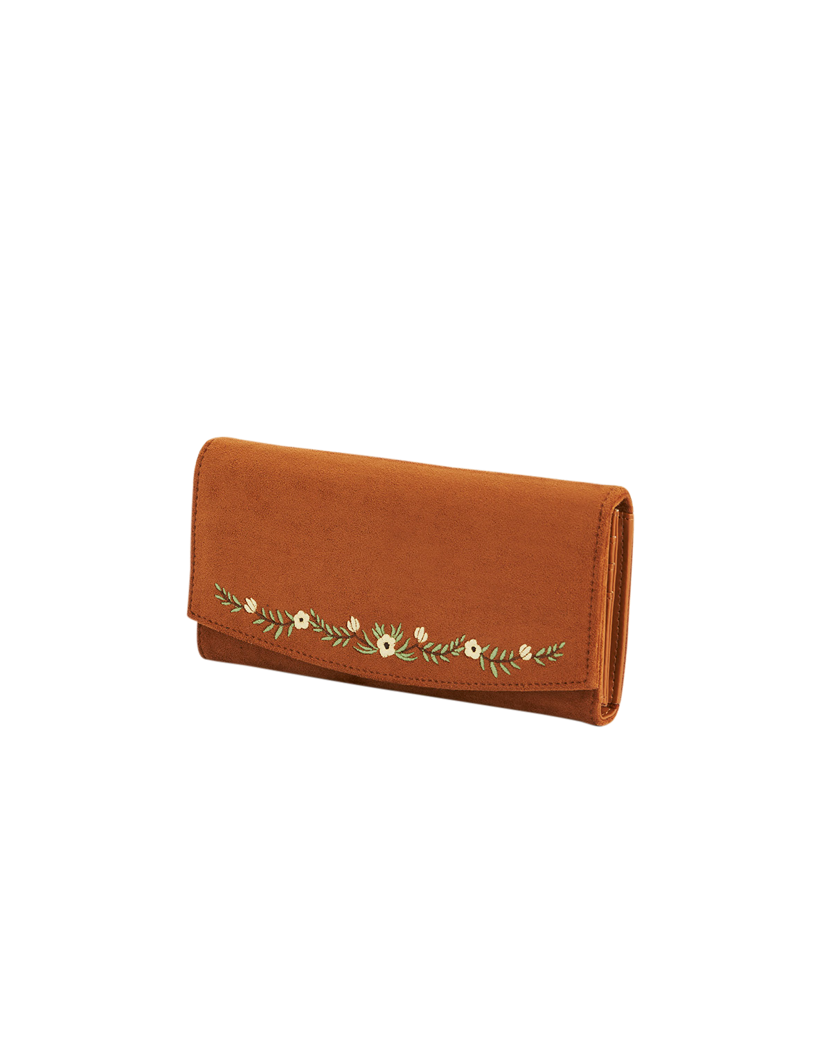 Brown wallet with floral embroidery on a white background