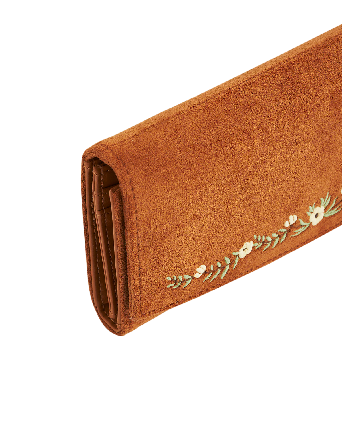 Brown wallet with floral embroidery on a white background