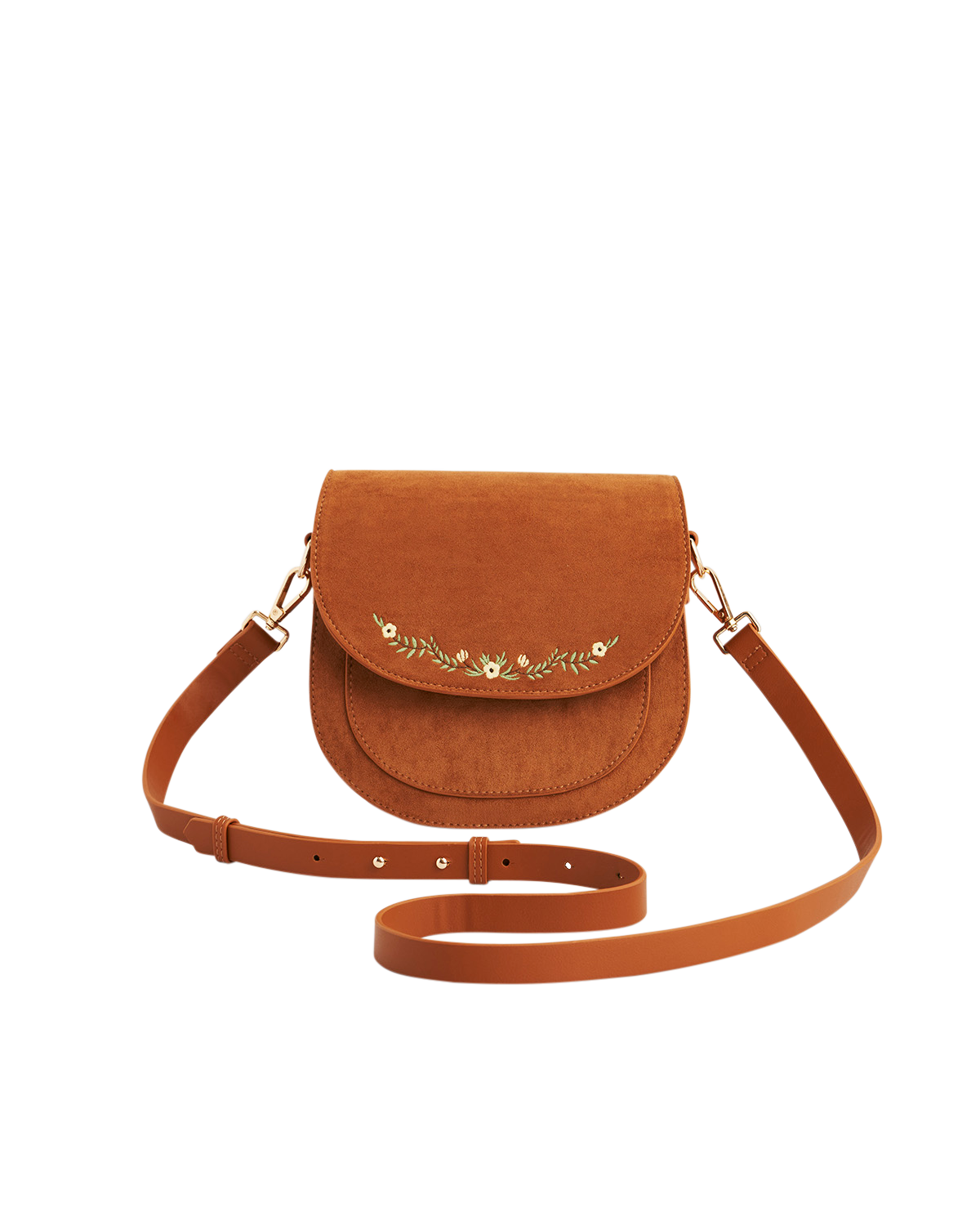 Tan Floral Faux Suede Embroidered Saddle Bag