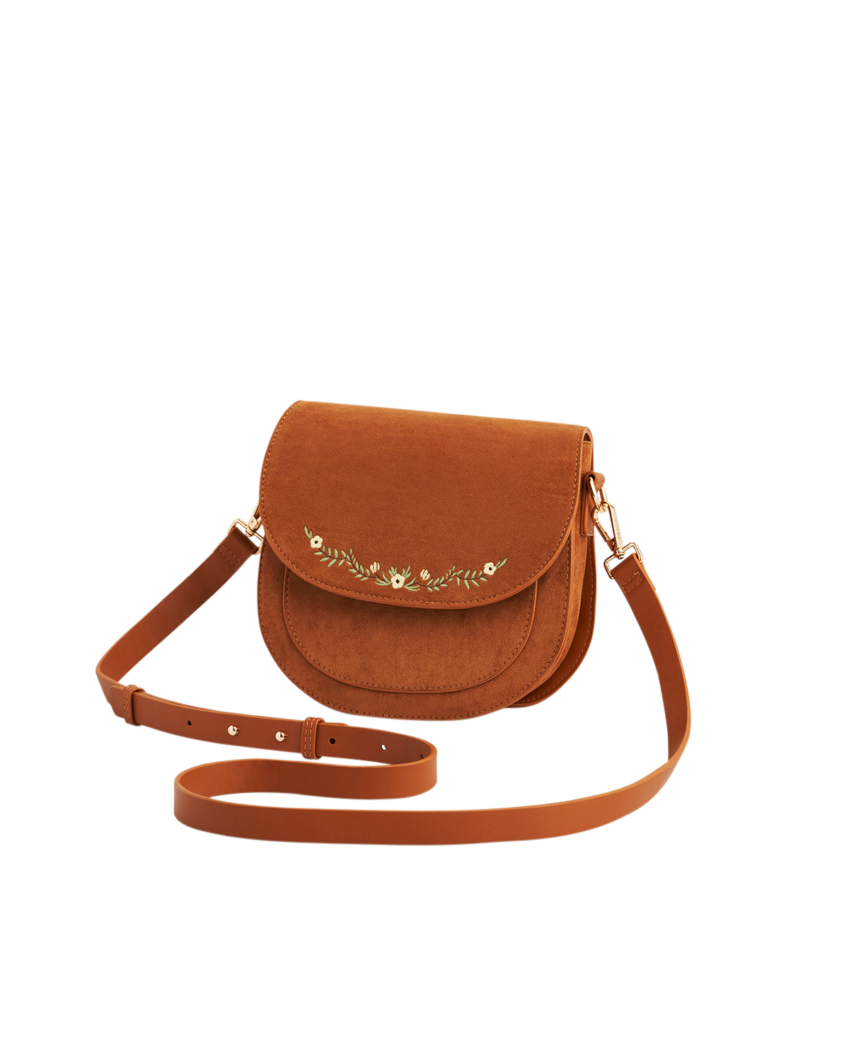 Brown crossbody bag with floral embroidery on a white background