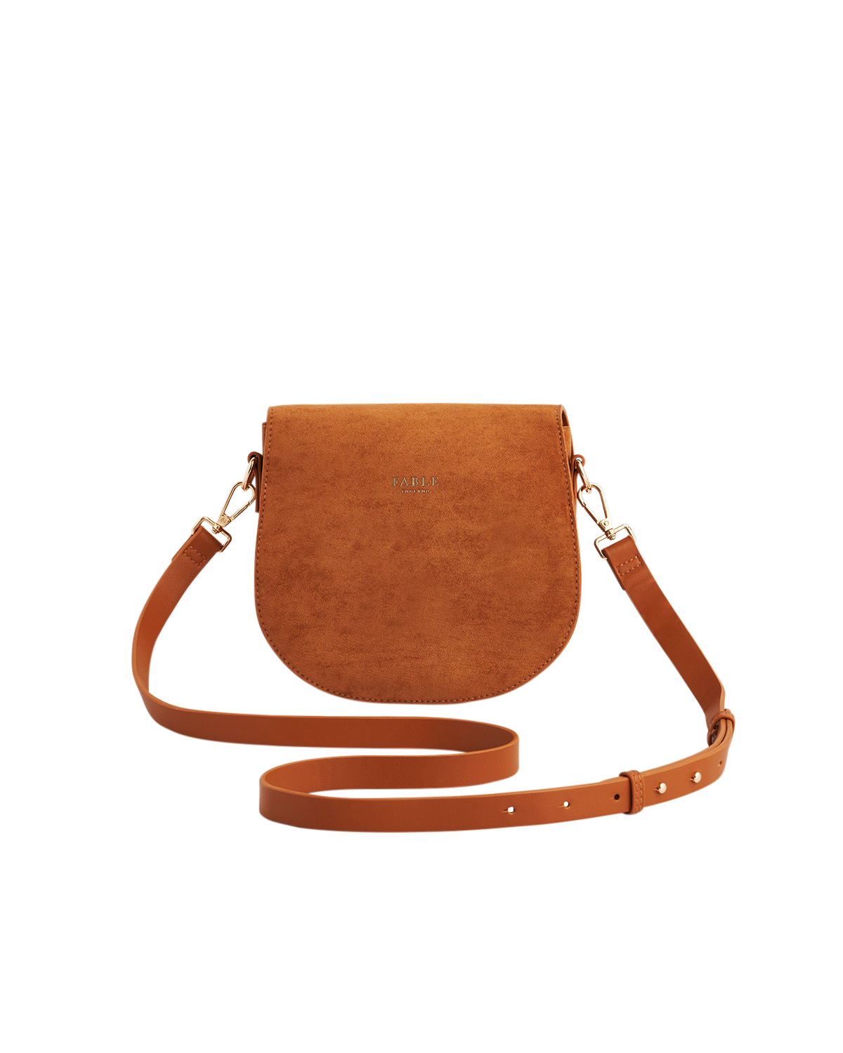 Brown leather crossbody bag on a white background