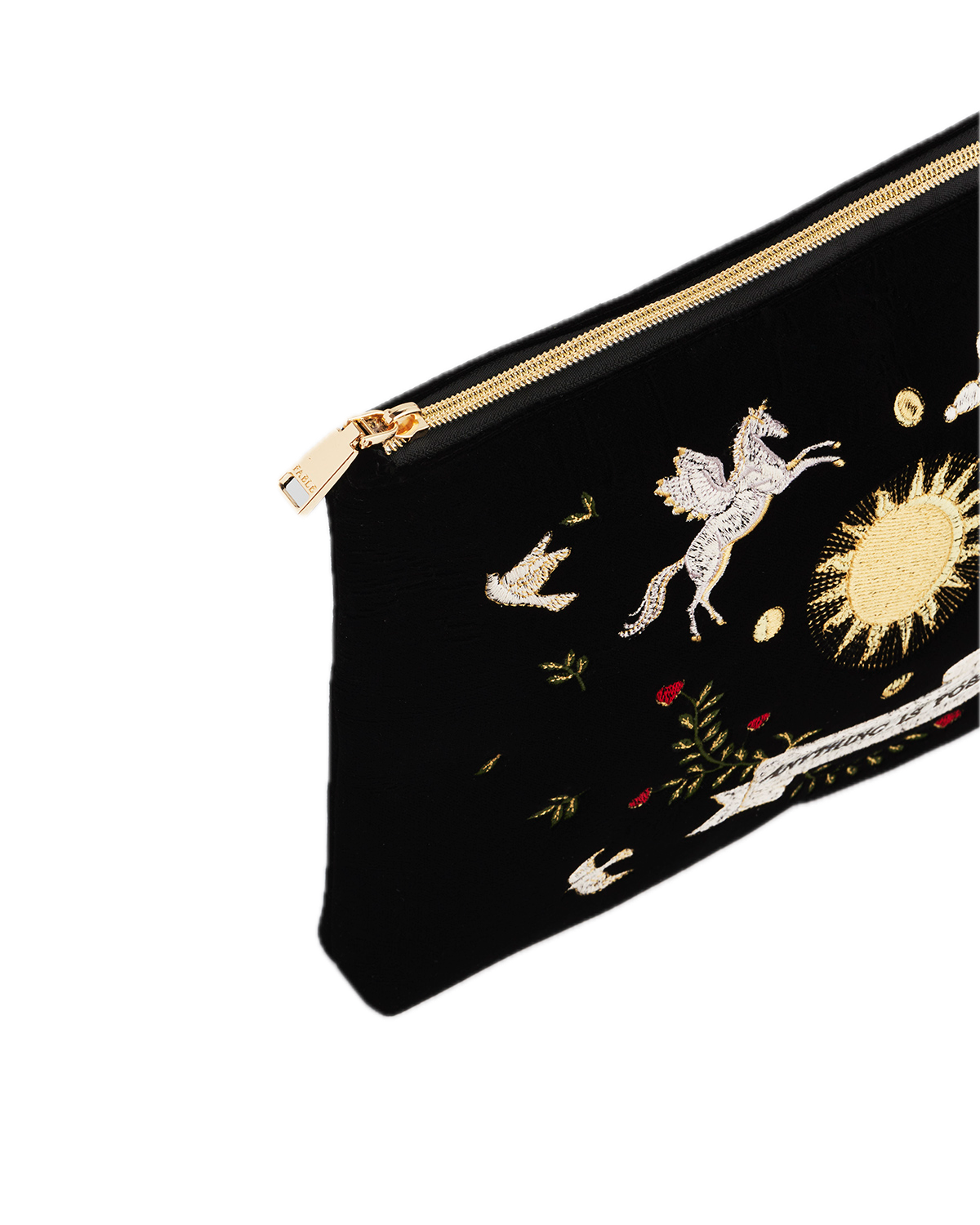 Black pouch with gold zipper and decorative designs on a white background