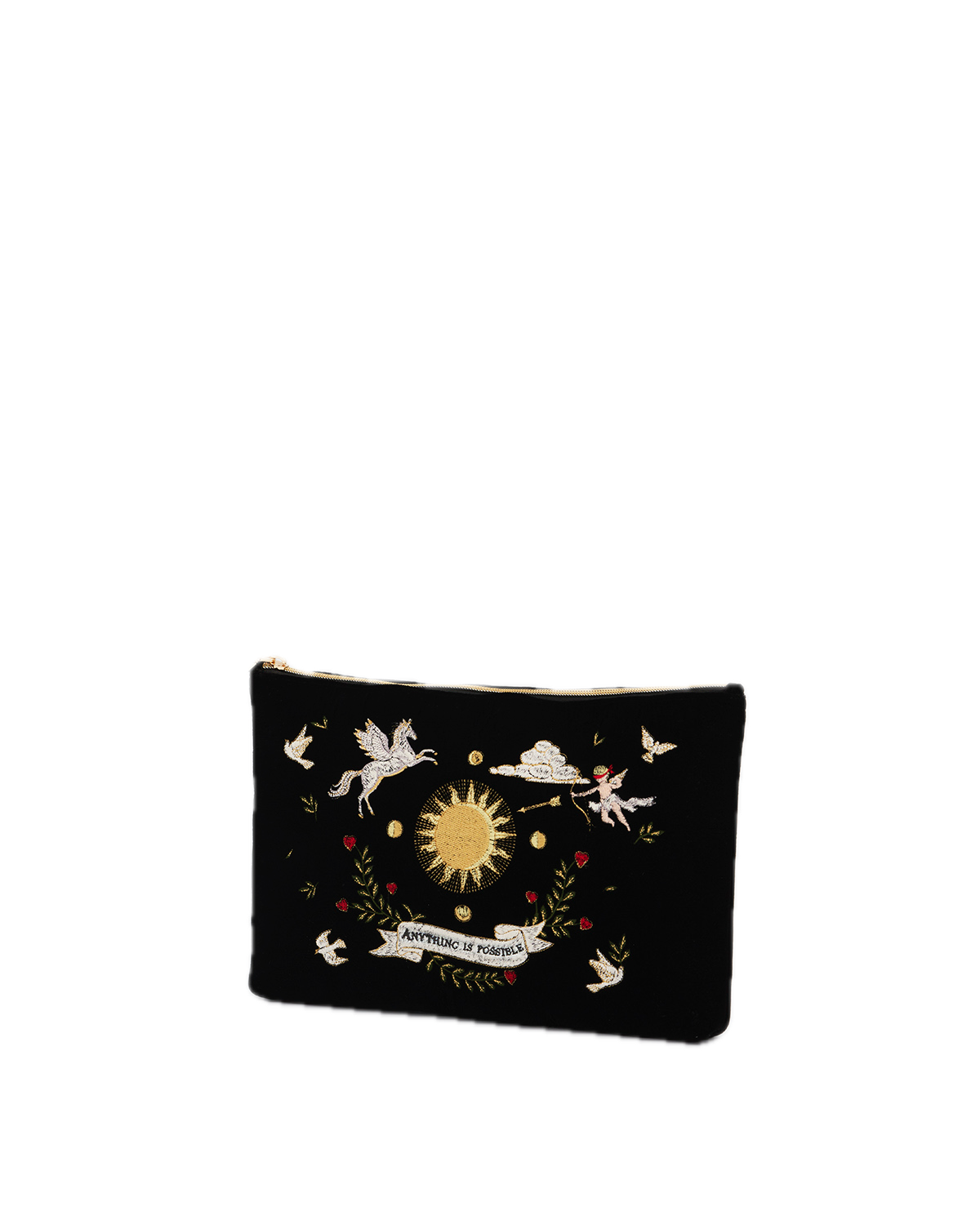 Black pouch with celestial design featuring angels and a sun on a white background
