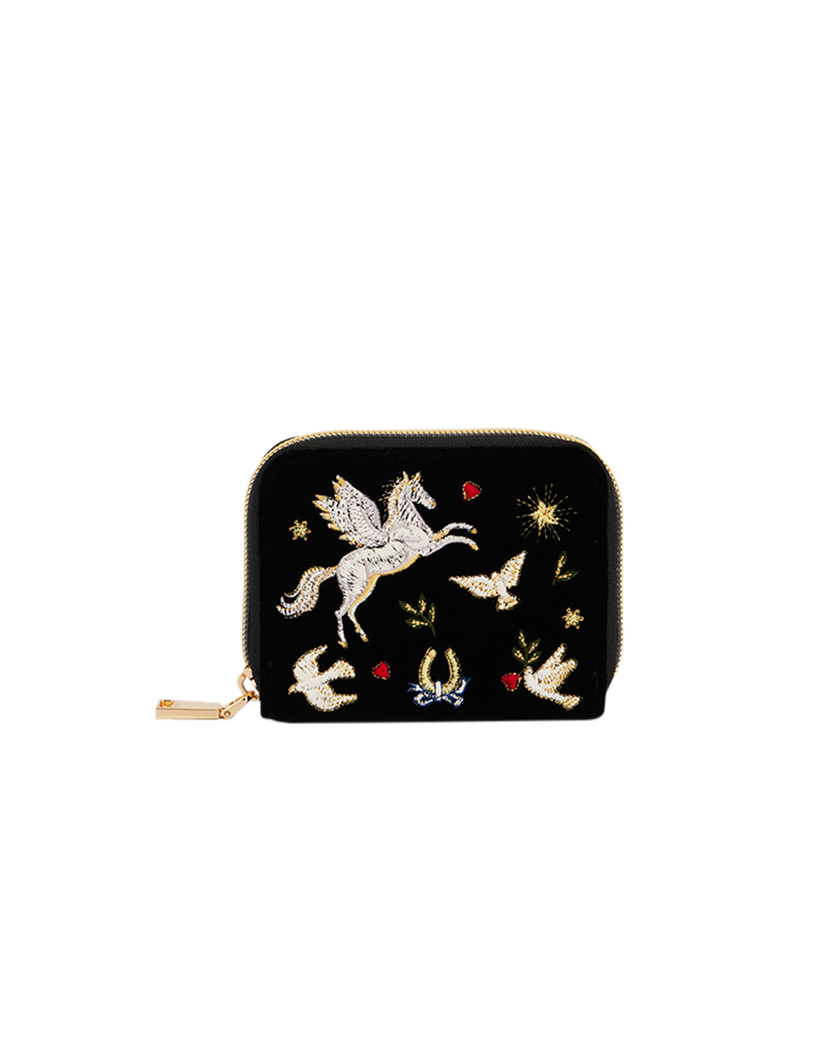 Black purse with celestial stars and unicorn designs on a white background