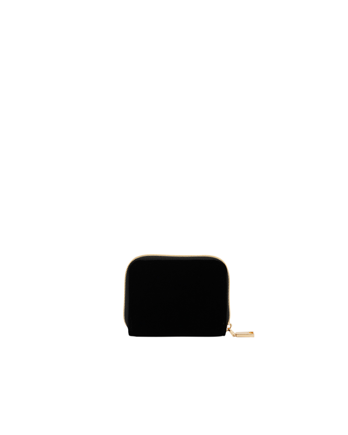 Black purse with gold zipper on a white background