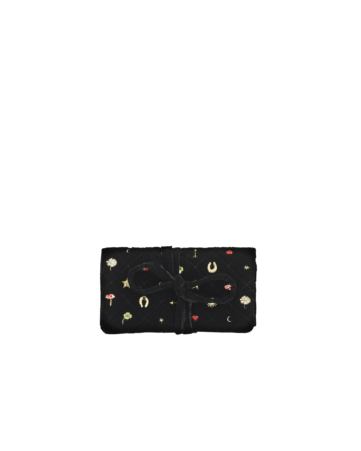 Black velvet jewellery roll with colourful designs on a white background