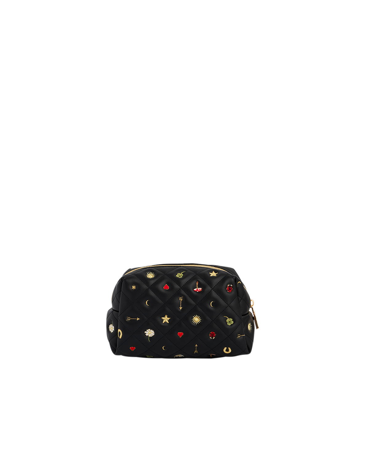 Black cosmetic bag with colorful embellishments on a white background
