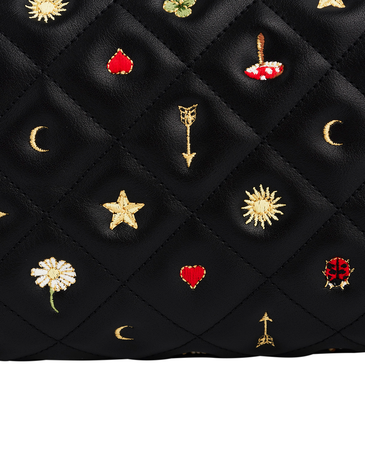 Black quilted cosmetic pouch with embroidered symbols on a white background