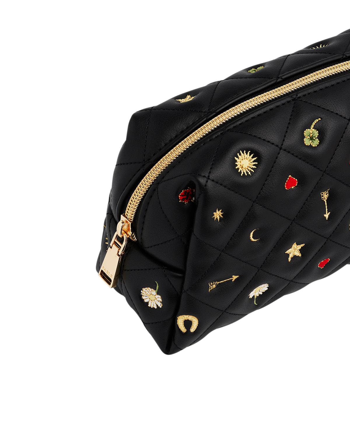 Black quilted pouch with gold zipper and various embroidered designs on a white background