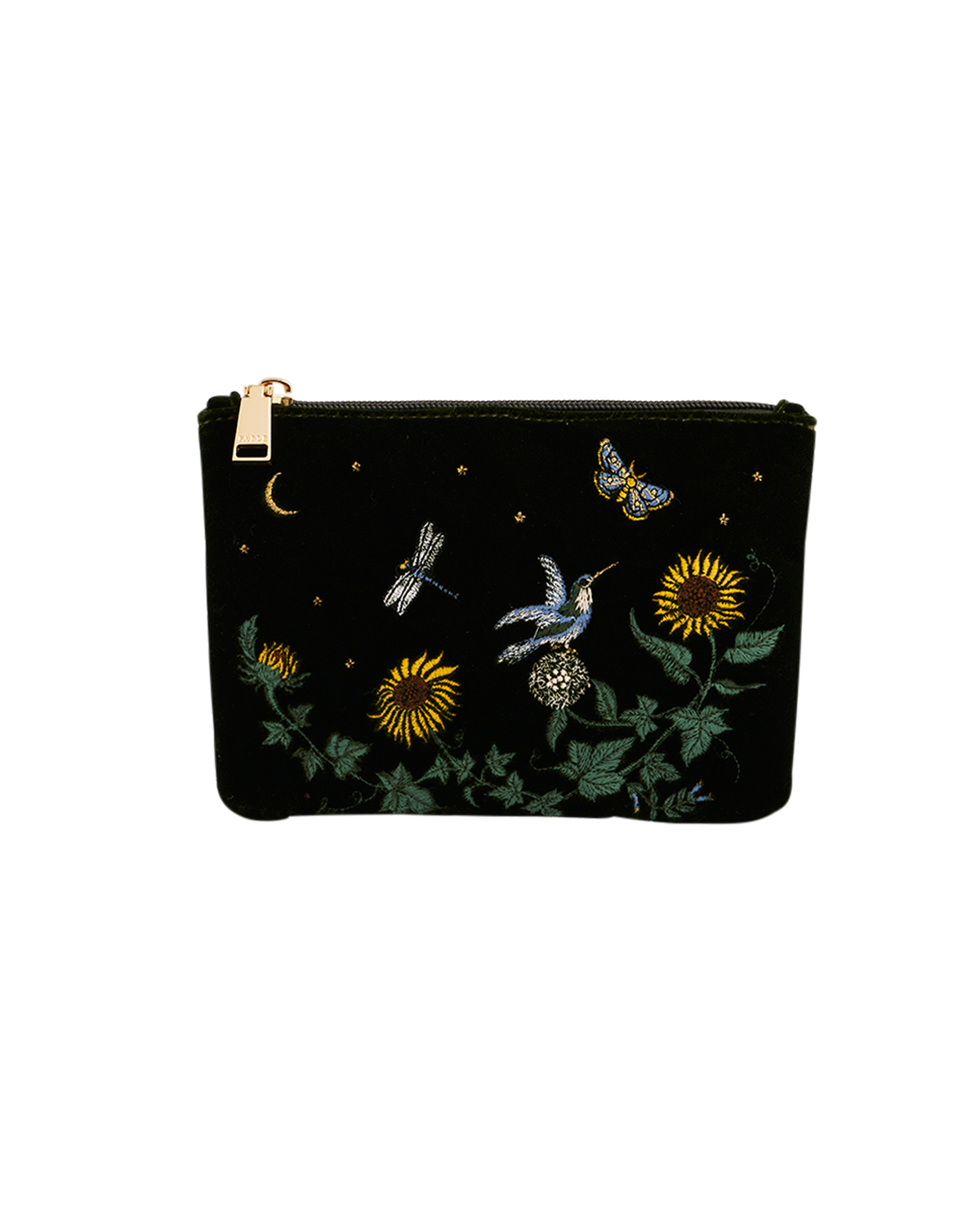 Neceser pequeño de terciopelo verde bordado girasol