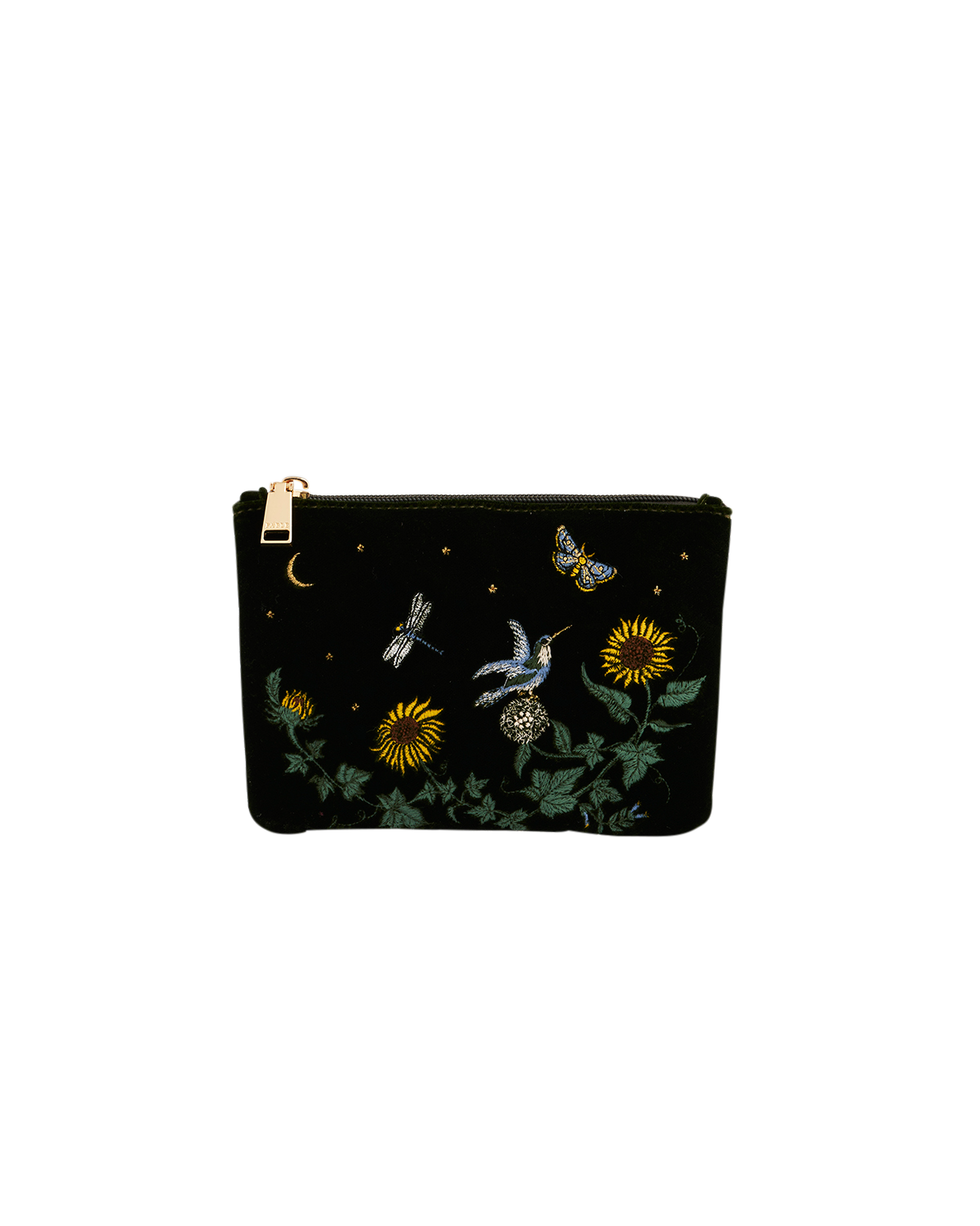 Green pouch with embroidered designs of butterflies and flowers on a white background