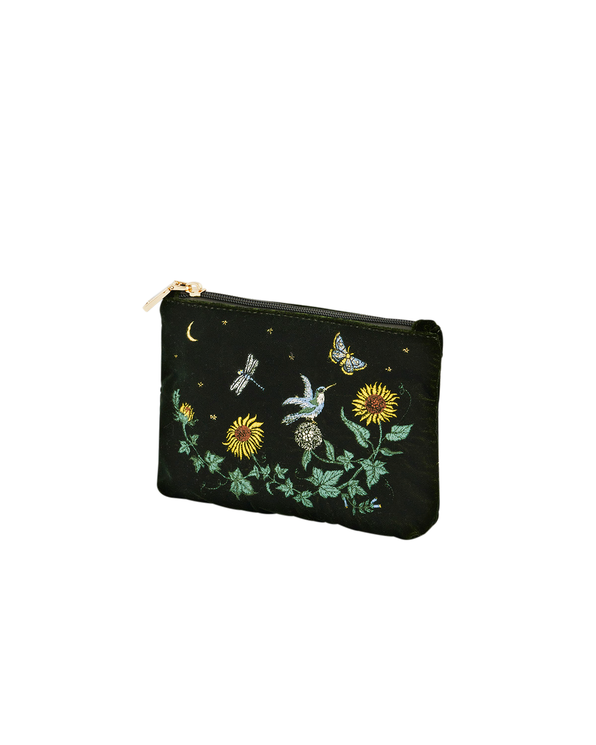 Green pouch with nature-themed embroidery on a white background