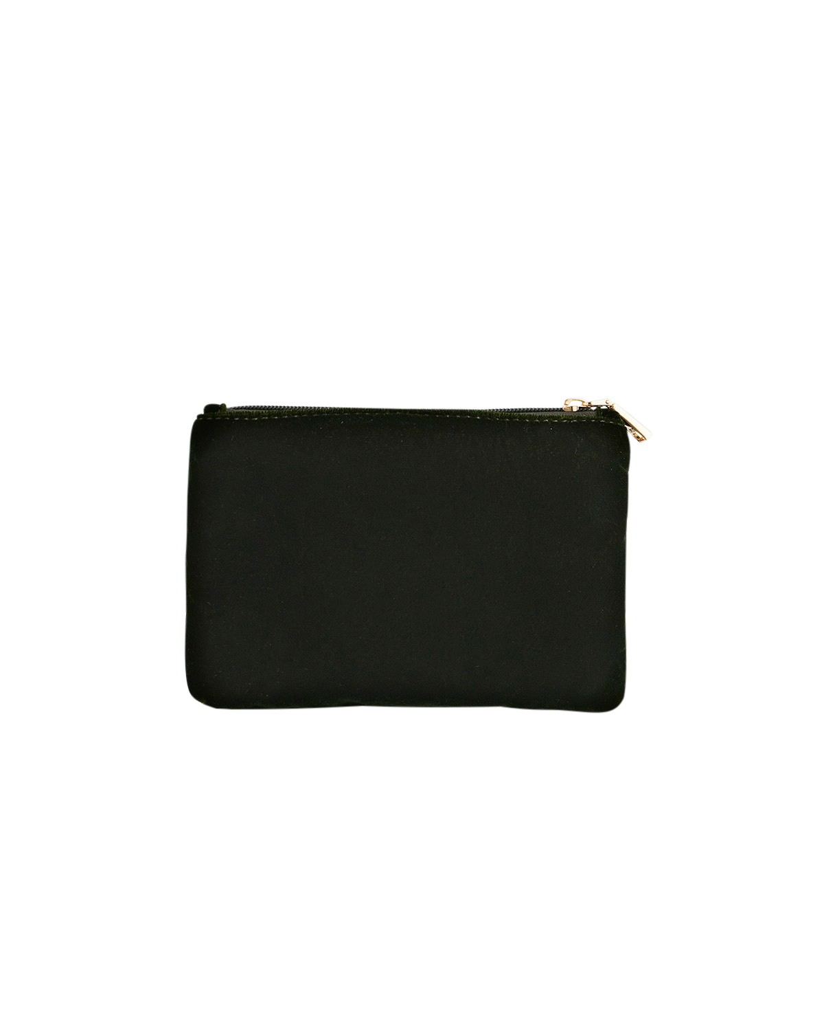 Green pouch with a gold zipper on a white background