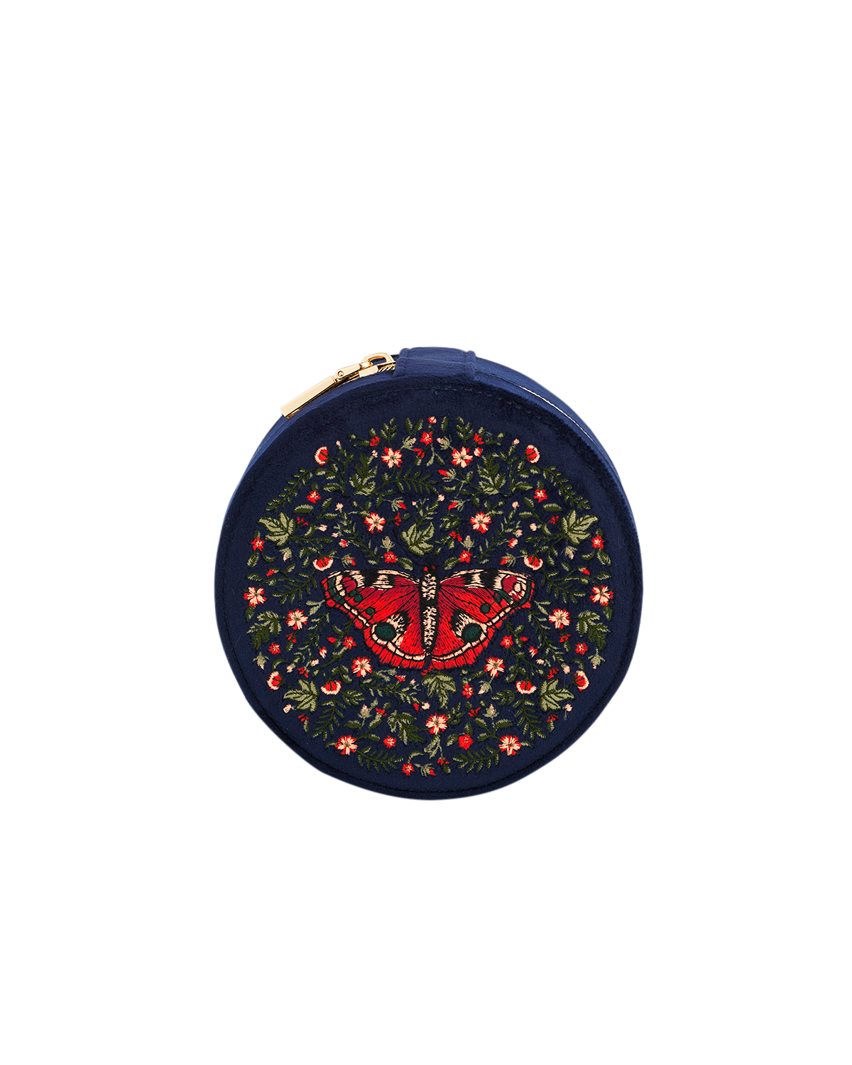 Round pouch with floral and butterfly design on a white background