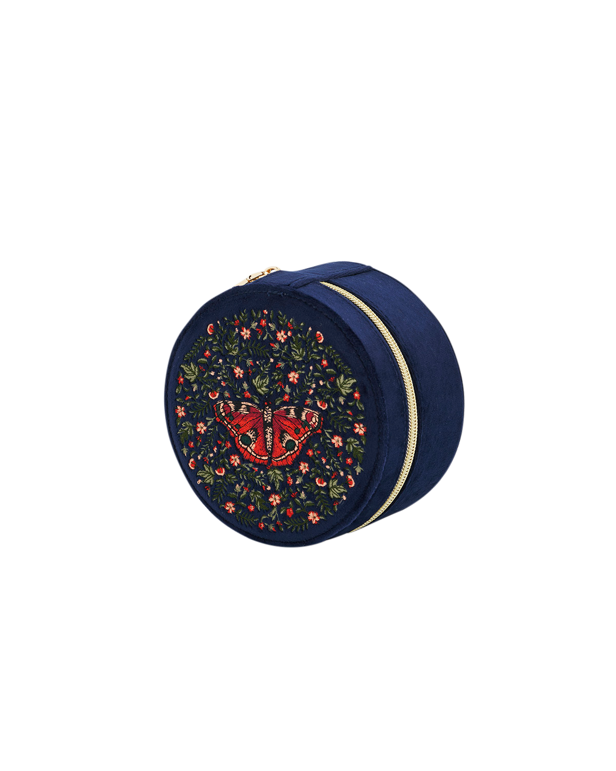 Round navy blue jewelry box with floral pattern and gold zipper on a white background