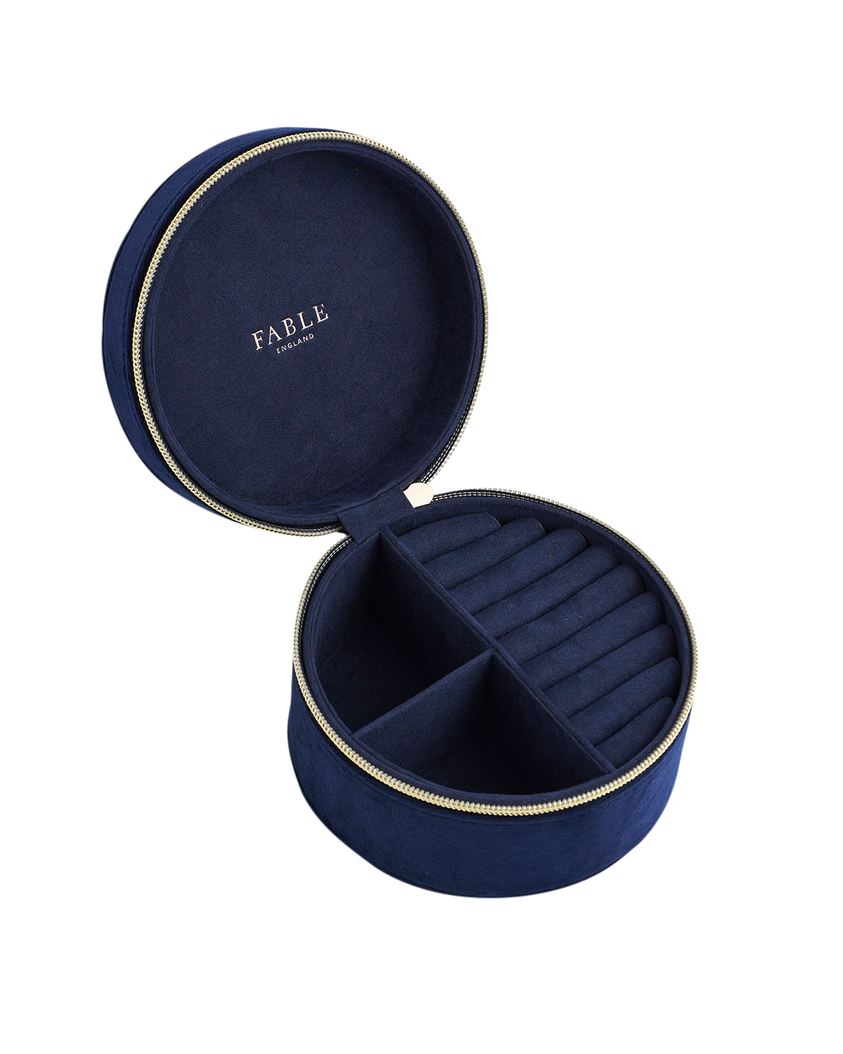 Navy blue jewelry box with 'Fable' branding on a white background