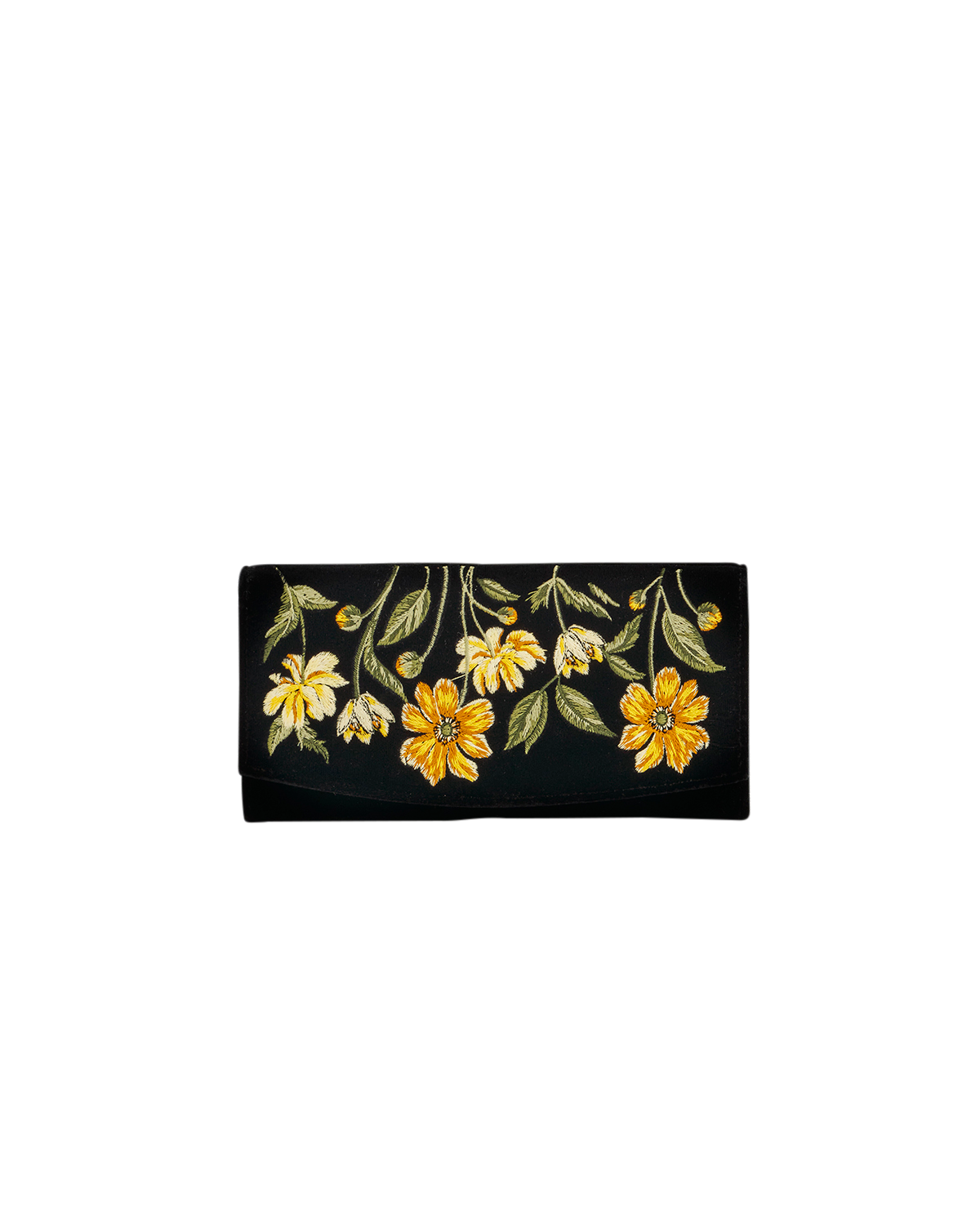Black clutch with yellow floral embroidery on a white background