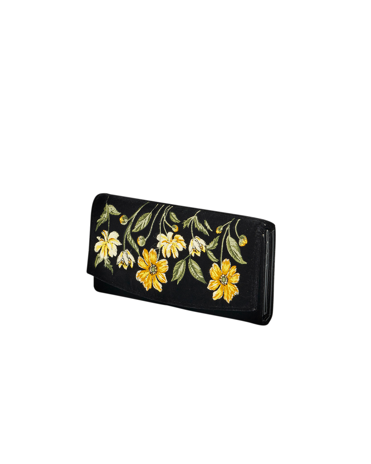 Black wallet with yellow floral embroidery on a white background