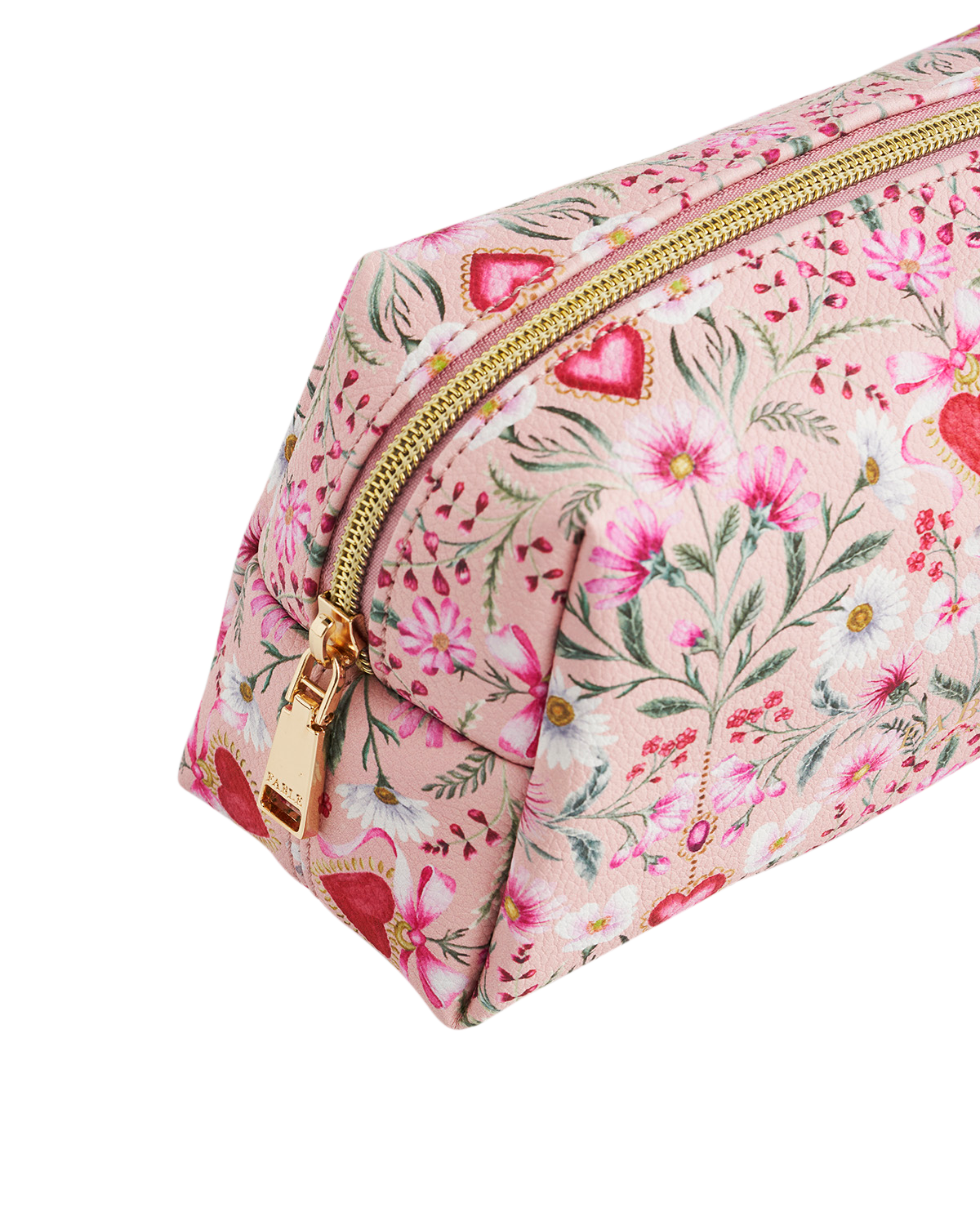 Floral and heart patterned pouch with gold zipper on a white background