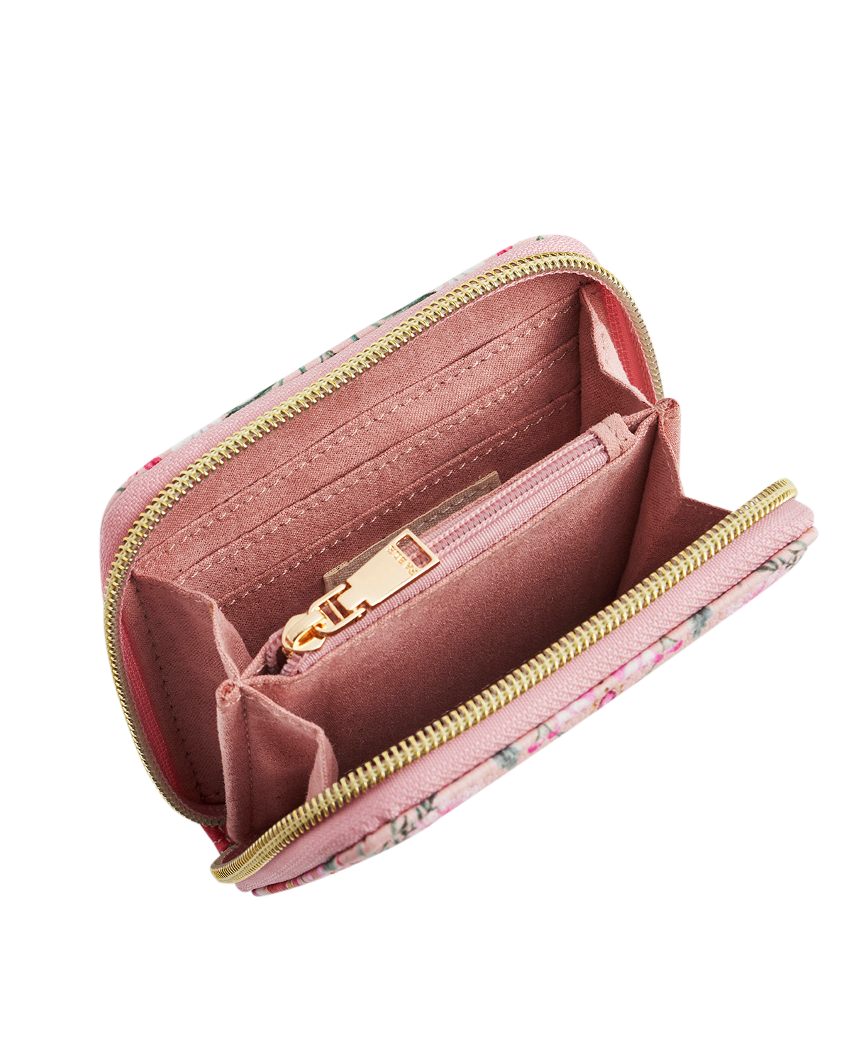 Pink floral wallet with gold zipper on a white background
