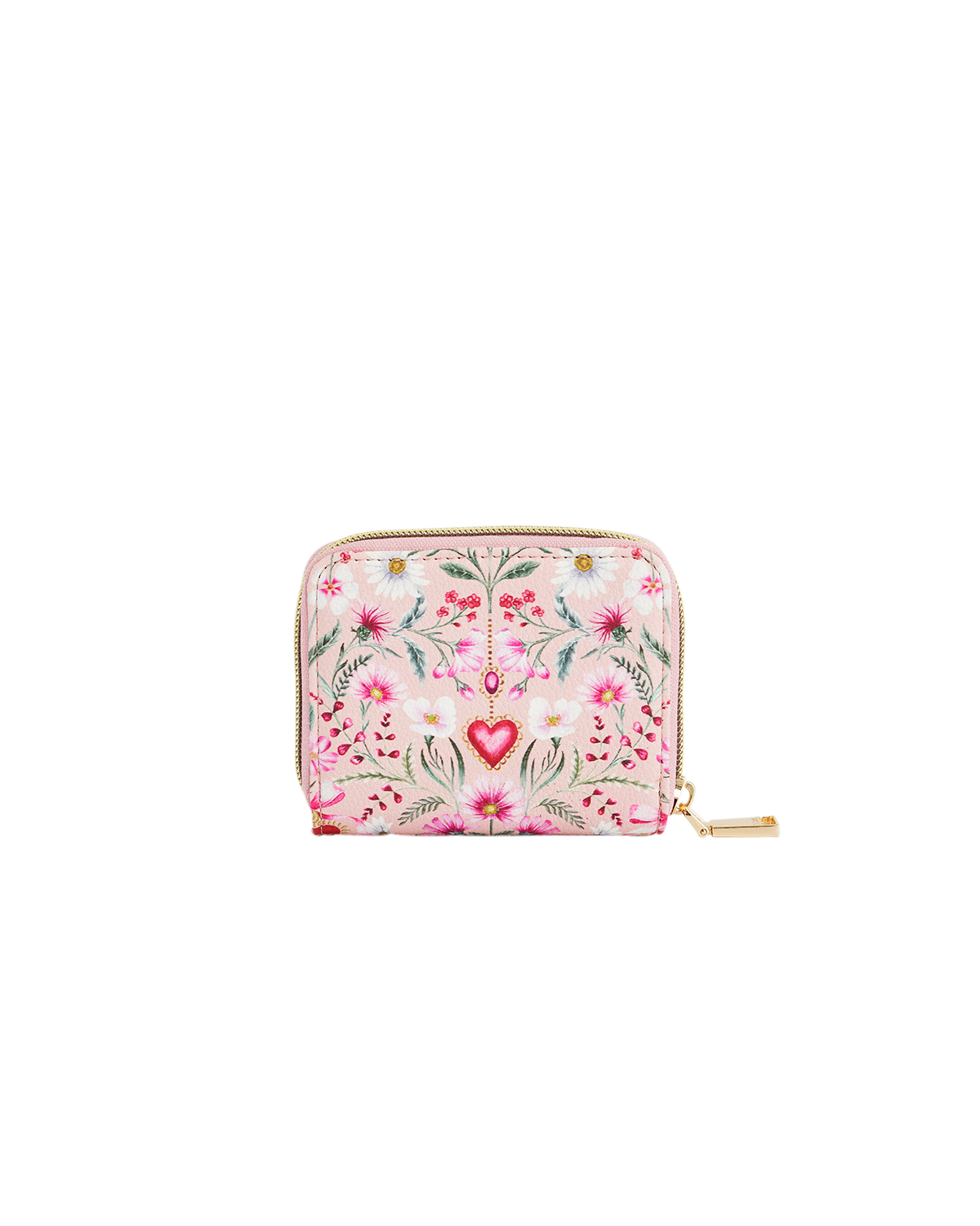 Floral patterned wallet with a heart design on a white background