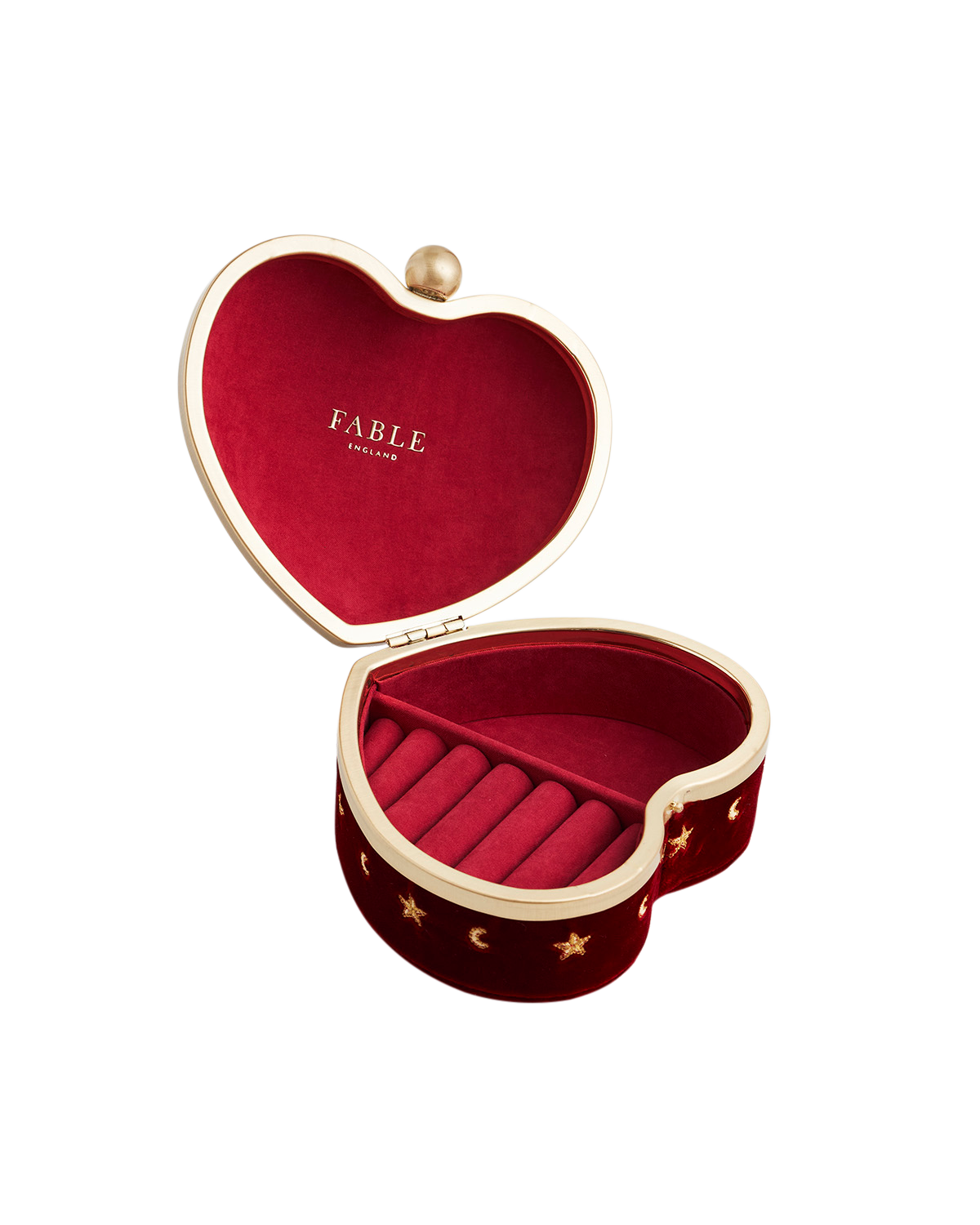 Heart-shaped jewelry box with red interior and gold accents on a white background