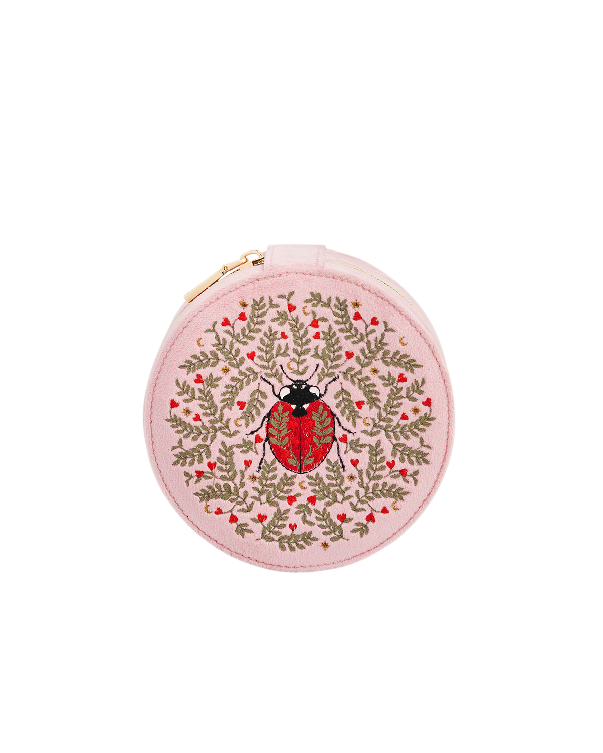 Round pink pouch with a ladybird design on a white background