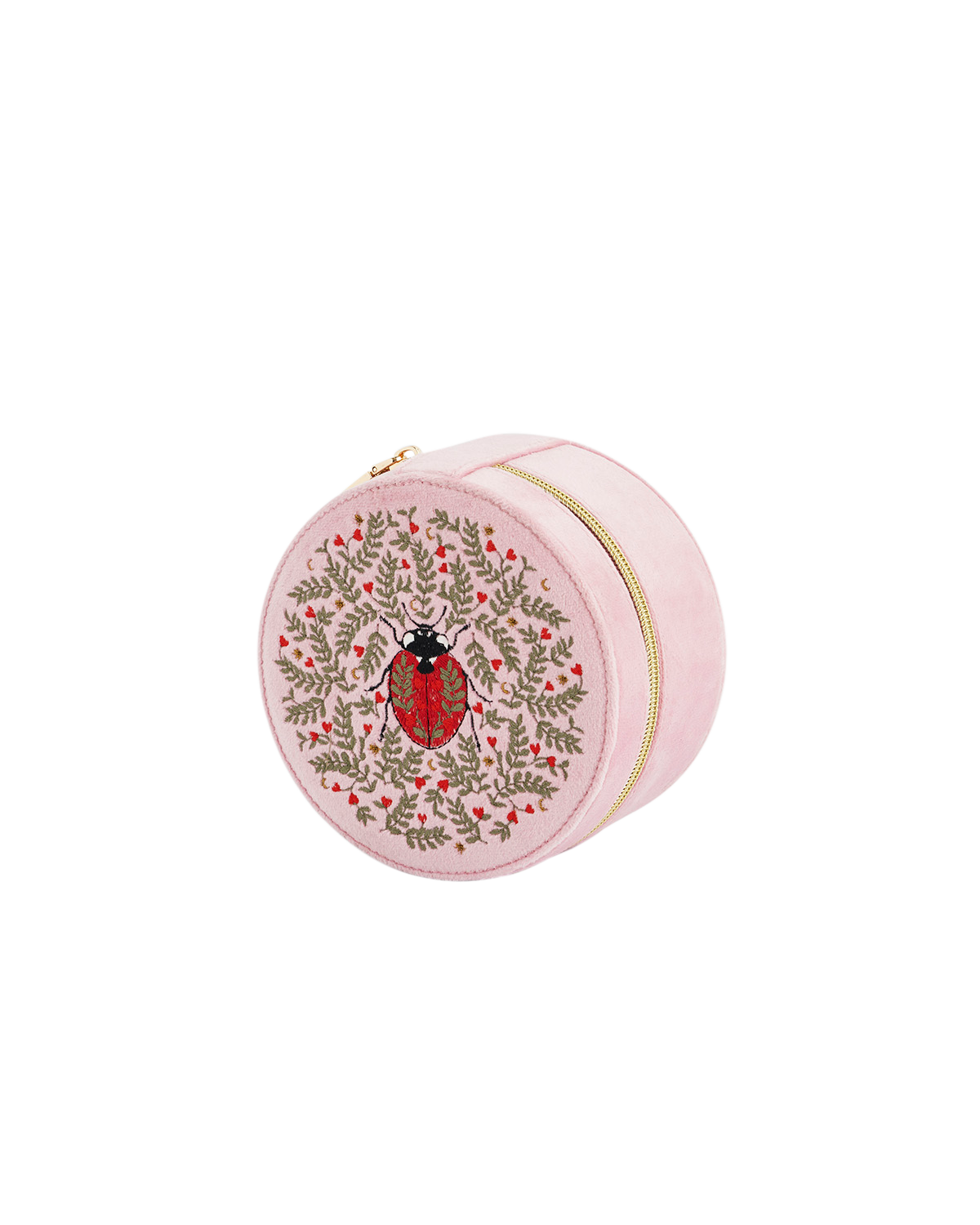 Round pink jewelry box with a ladybug design on a white background