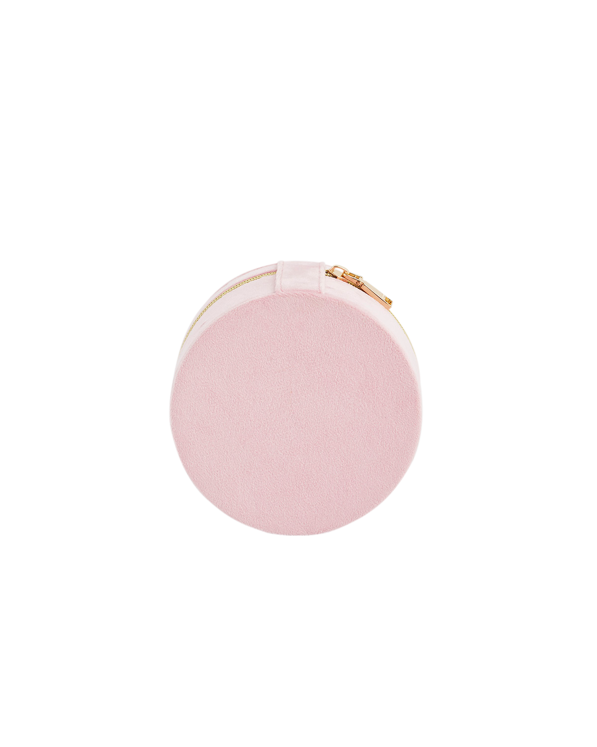 Pink round pouch with a gold zip fastening on a white background