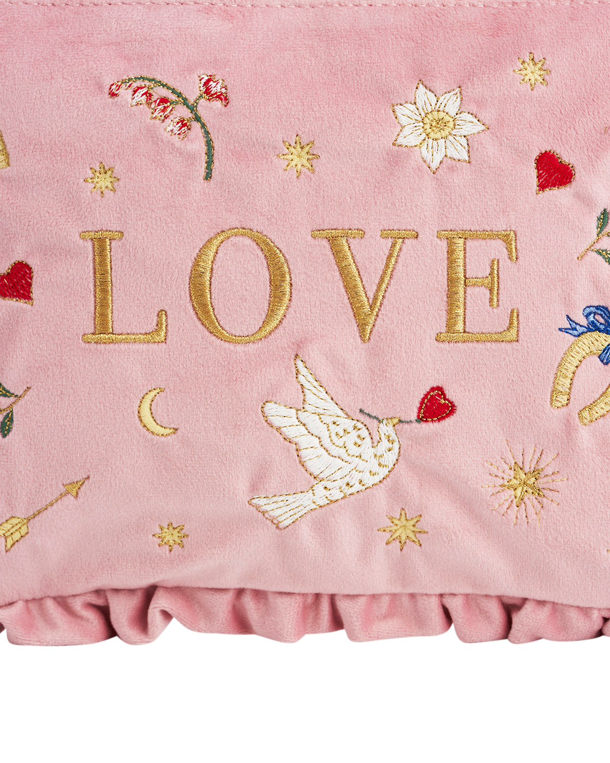 Embroidered pink fabric with gold 'LOVE' text, a dove, hearts, and flowers on a white background.