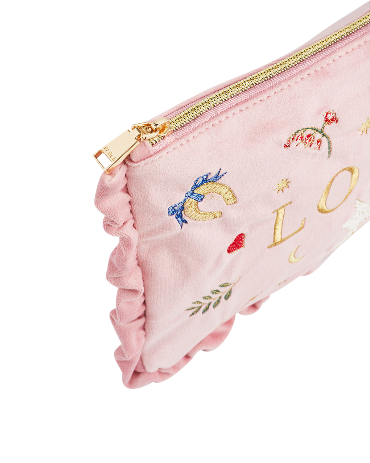 Pink pouch with floral embroidery and gold zipper on a white background