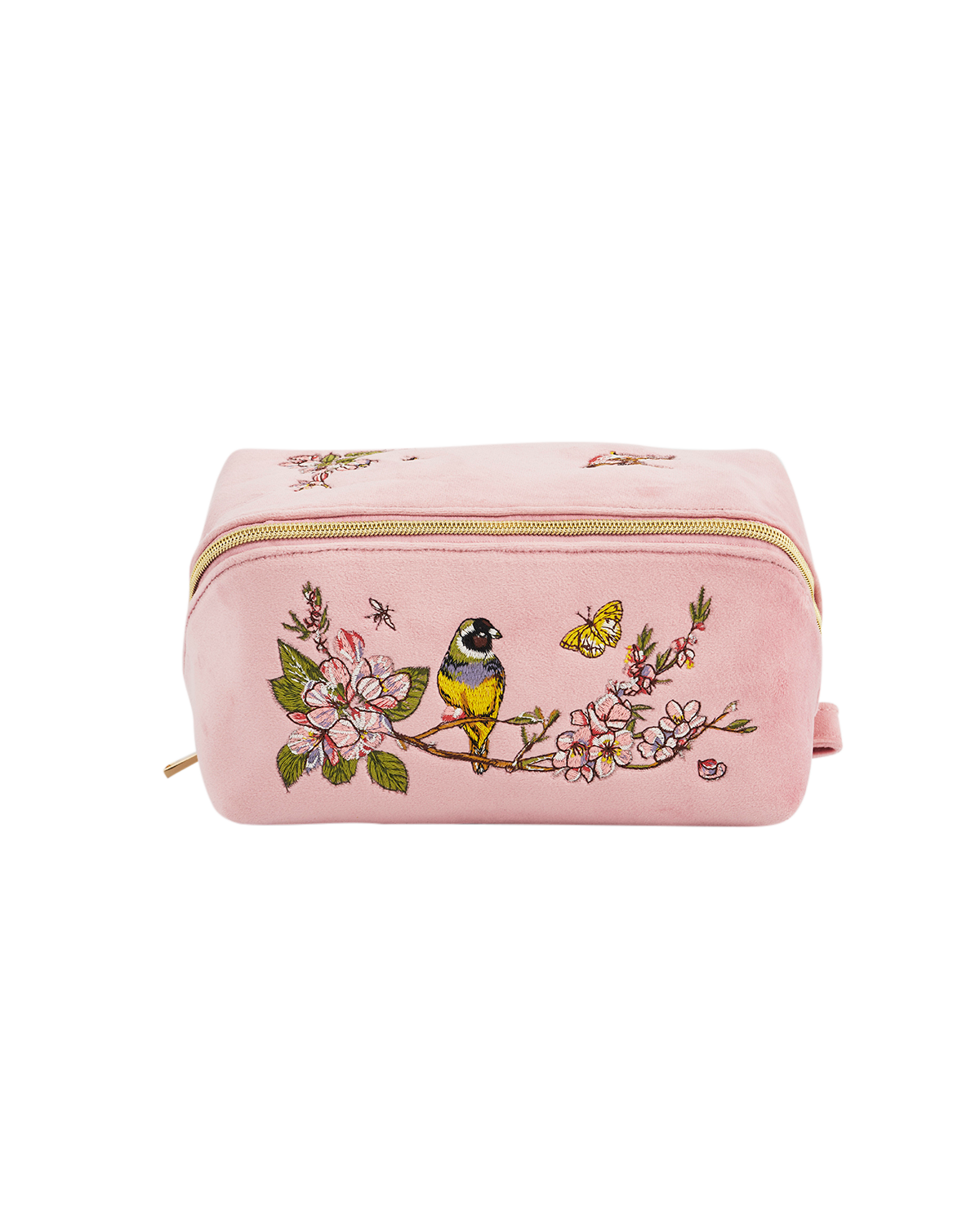 Pink pouch with floral and bird embroidery on a white background
